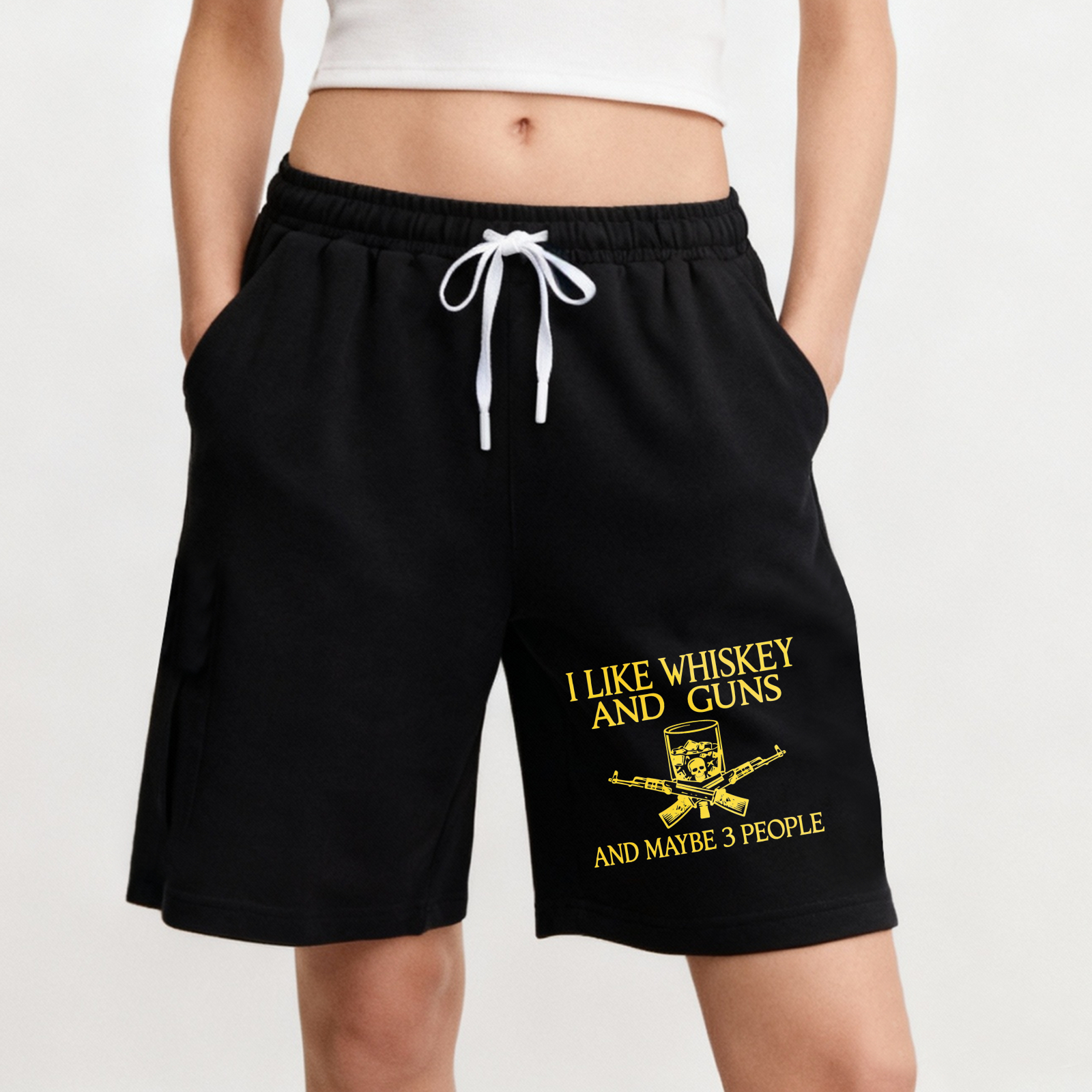 TEECURENT I Like Whiskey And Guns And Maybe 3 People Men's Black Shorts With Drawstring Waistband Casual Athletic Wear