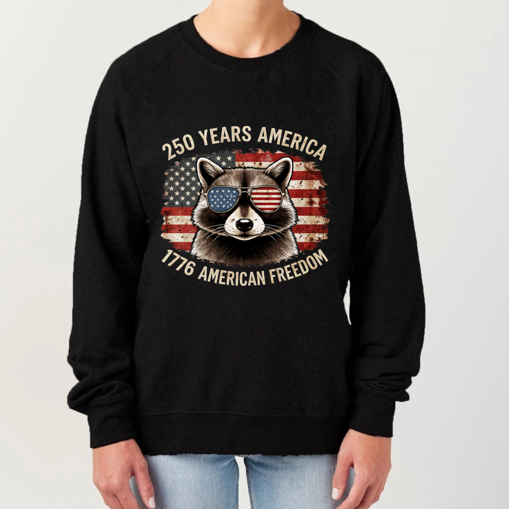 Racoon American Flag Sweatshirt 250 Years America 1776 American Freedom Patriotic Crewneck Pullover Shirt