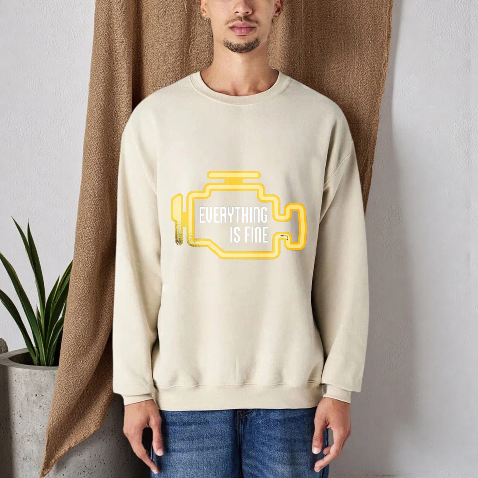 TEECURENT Everything Is Fine Sweatshirt Black With Yellow Graphic Design Casual Crewneck Pullover For Men Women Unisex Fashion Statement Top