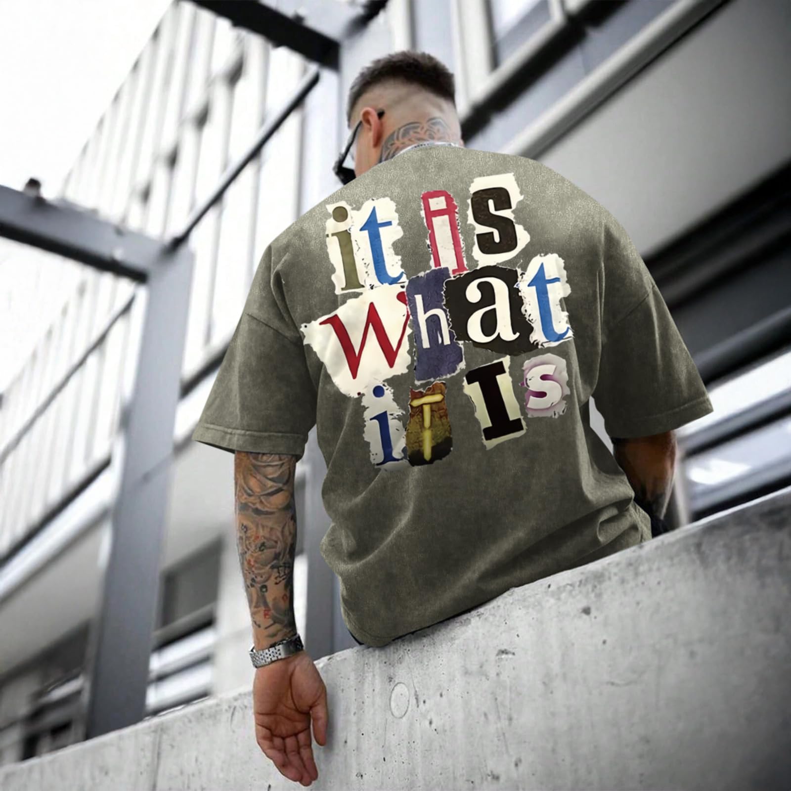 Men's Graphic Tees Funny Letter Print Vintage Oversize T Shirts Acid Wash Shirt Streetwear Rapper Casual Tee Top