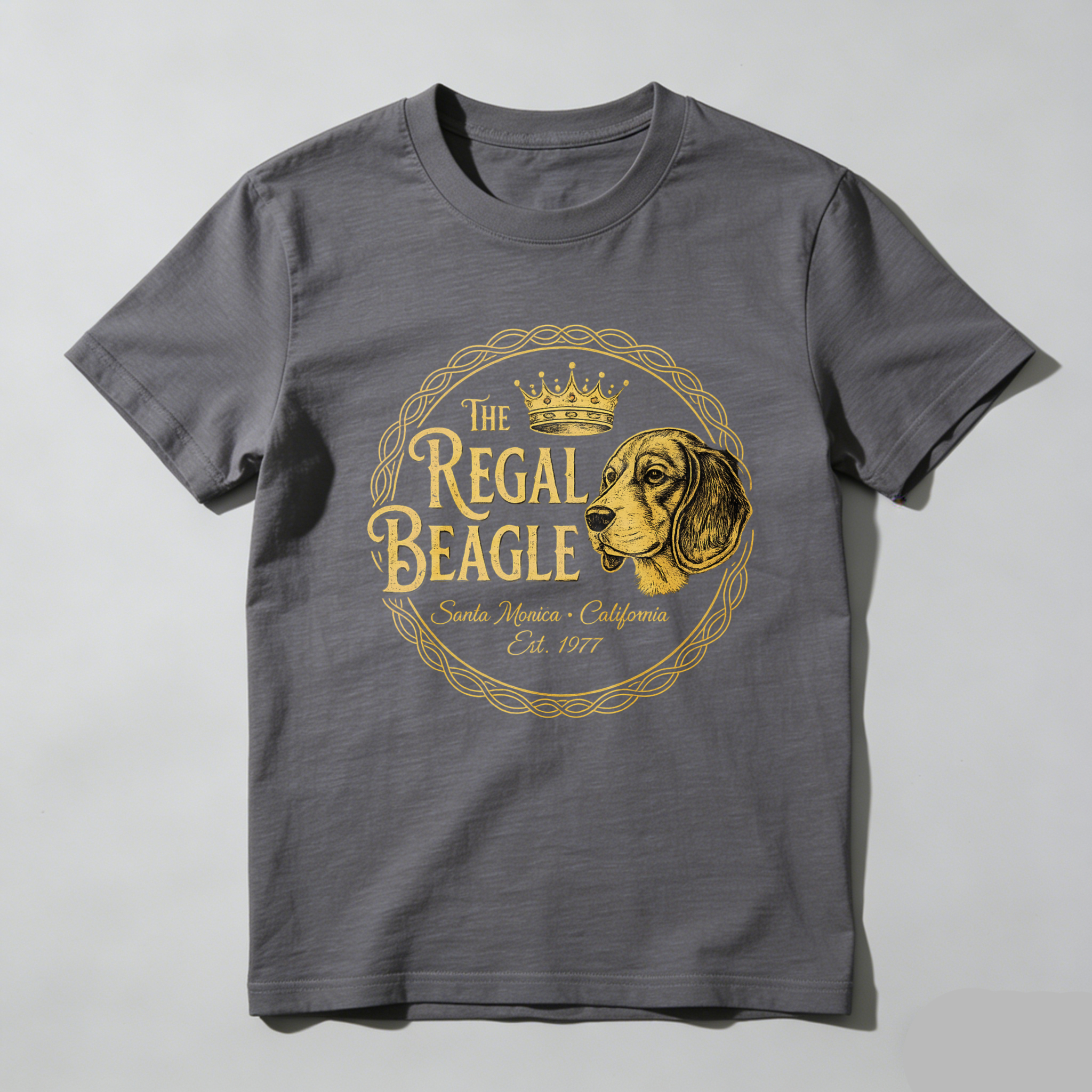 TEECURENT The Regal Beagle Dog T-Shirt Santa Monica California Established 1977 Vintage Canine Graphic Tee Black Gold Design