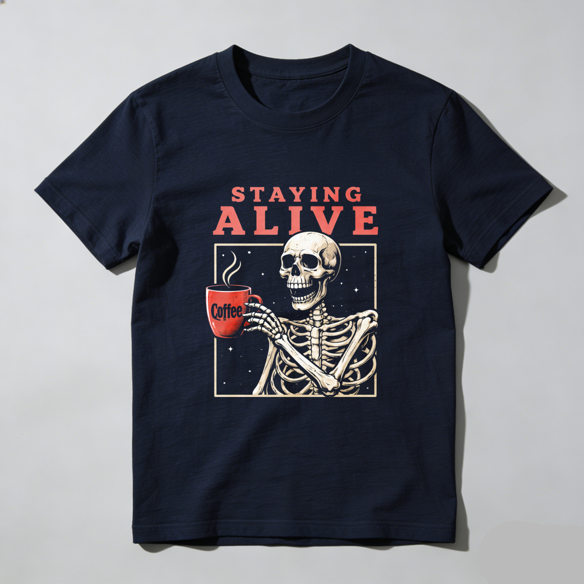 TEECURENT Staying Alive Skeleton Coffee Mug T-Shirt Funny Halloween Gift For Coffee Lovers WOMEN