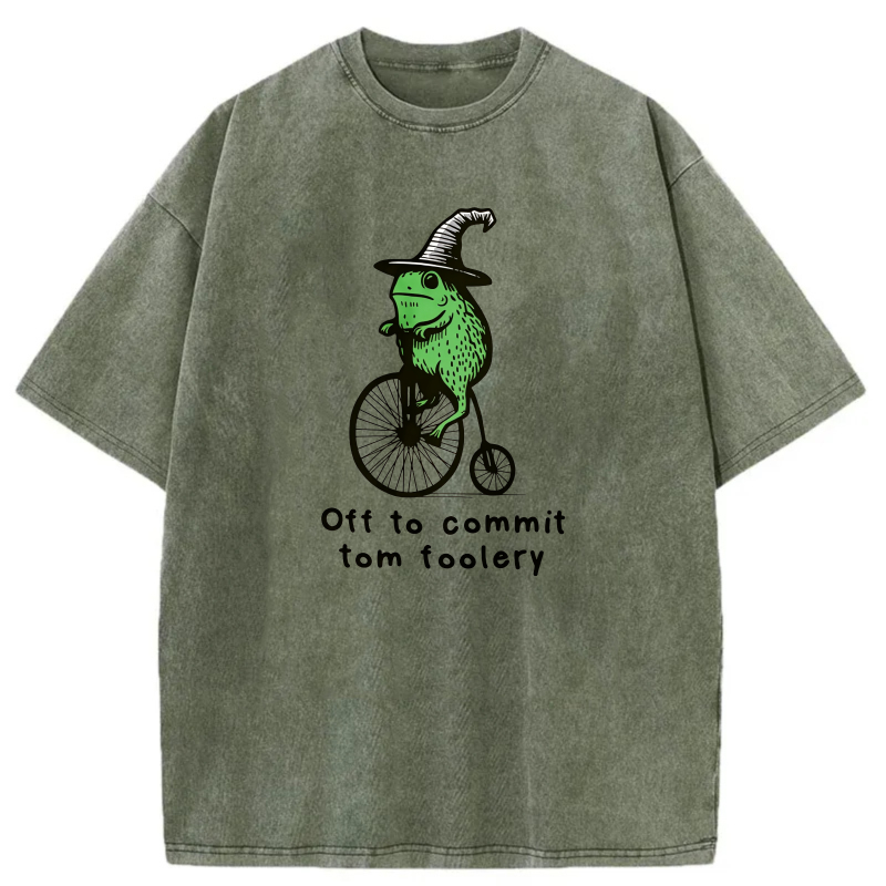 Frog On Bicycle Wearing Hat   Off To Commit Tom Foolery tshirt 100% cotton