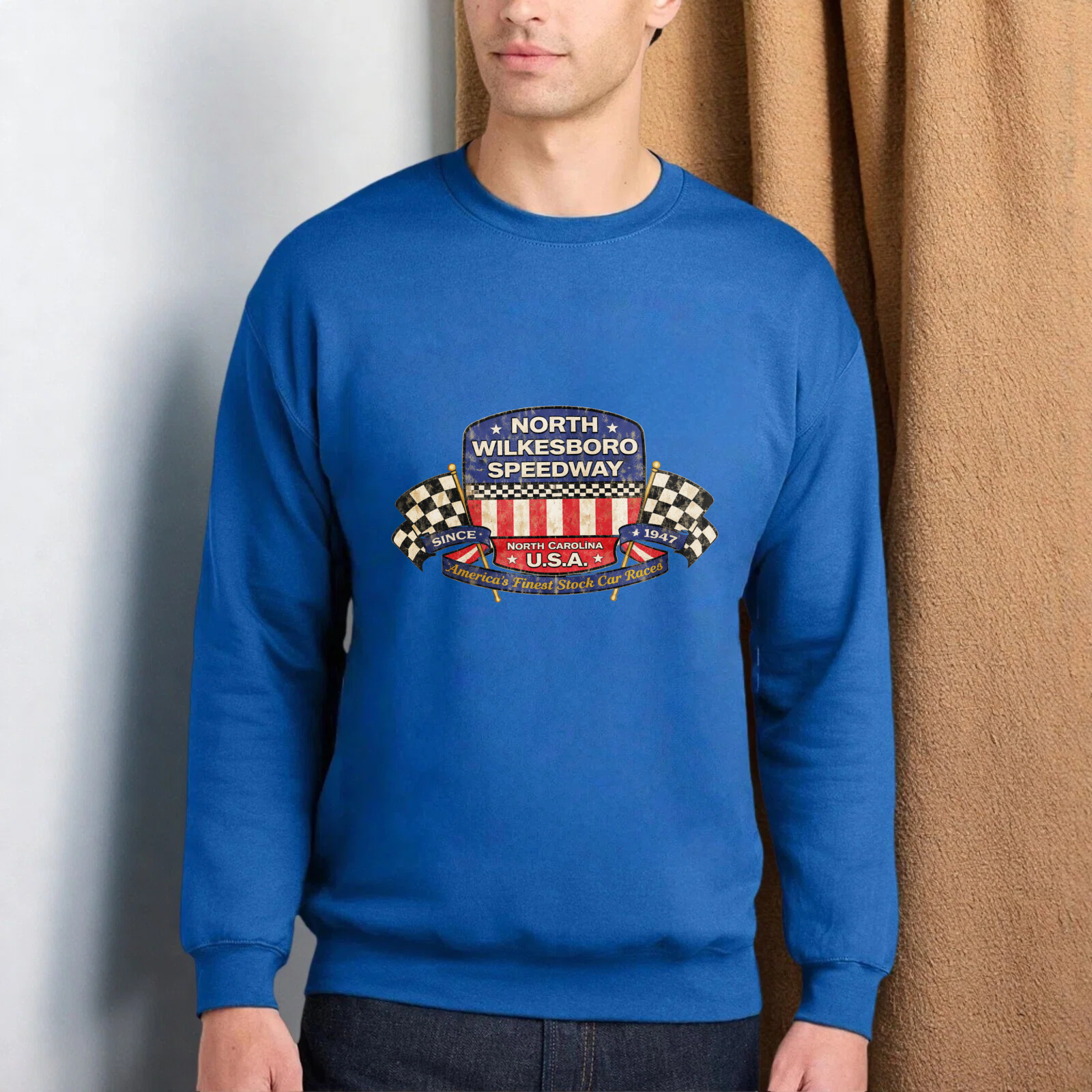 TEECURENT North Wilkesboro Speedway Usa Racing Sweatshirt Black Crewneck Long Sleeve Pullover Shirt