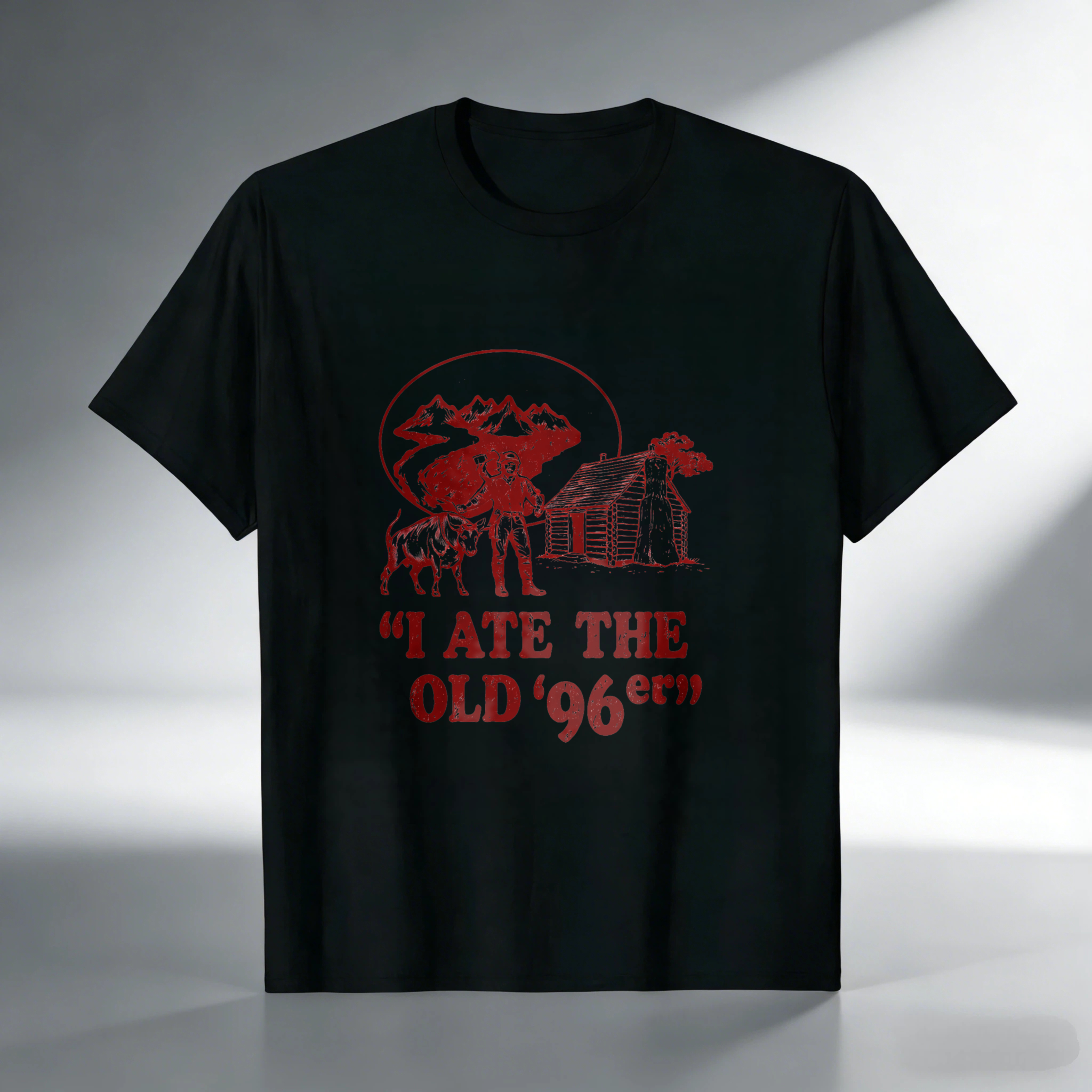 TEECURENT I Ate The Old 96er Black T Shirt With Red Mountain Cabin And Bear Design