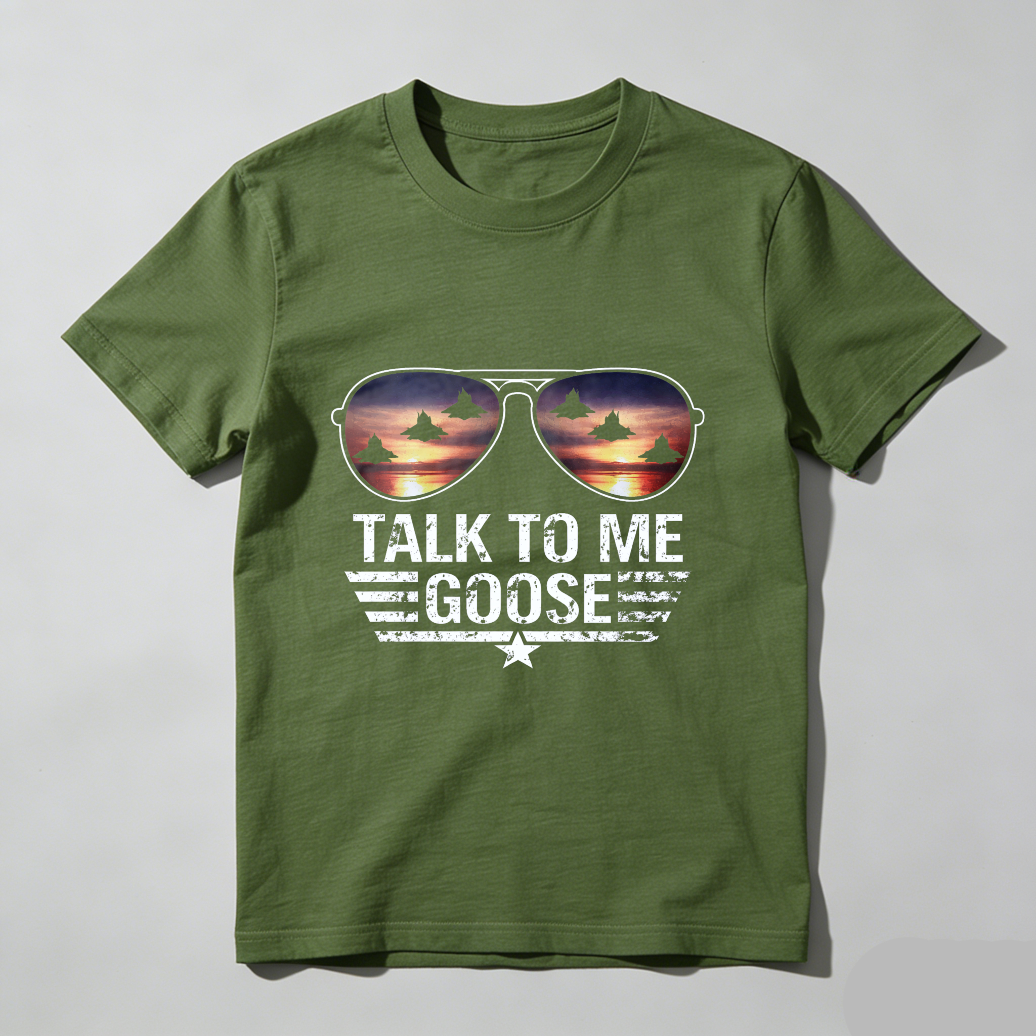TEECURENT Talk To Me Goose Aviator Sunglasses T-Shirt Top With Jet Fighters Sunset Design For Men And Women