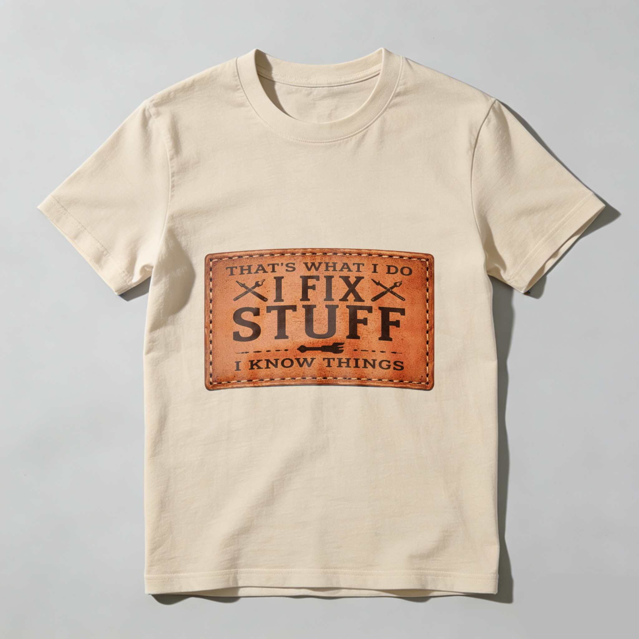 That's What I Do I Fix Stuff I Know Things T Shirt For Men And Women Funny Repair Technician Gift Leather Patch Design Black Cotton Shirt