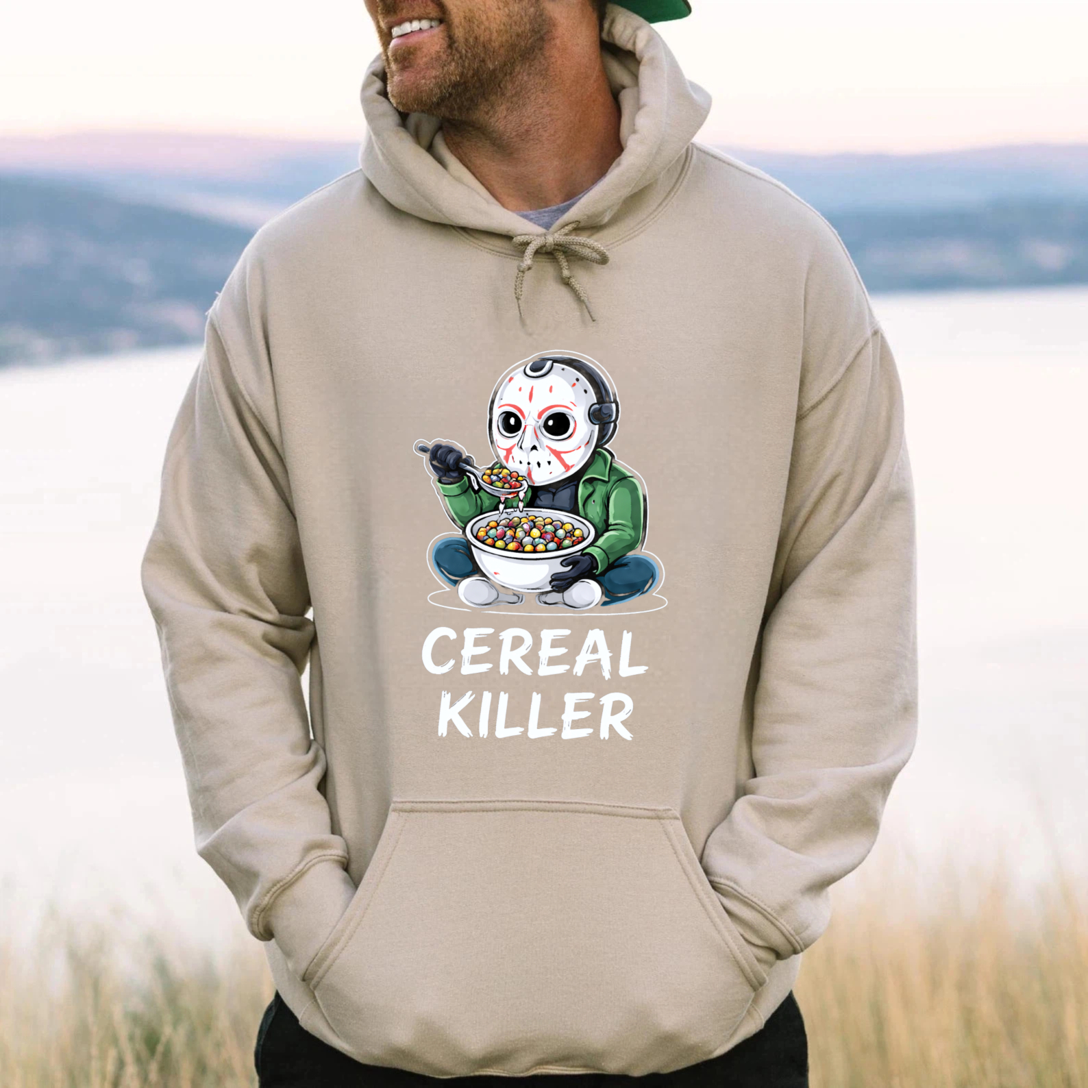 TEECURENT Gildan Cereal Killer Halloween Hoodie With Jason Voorhees Eating Cereal Design Funny Horror Sweatshirt For Men Women Unisex Black Pullover