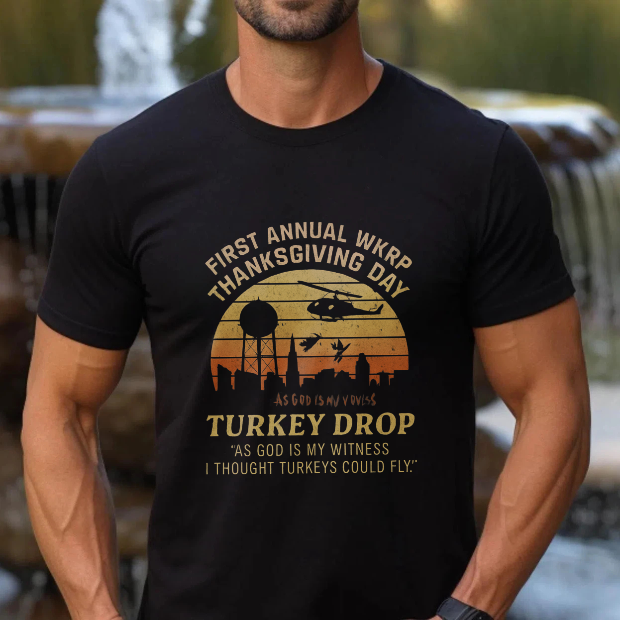 First Annual Wkrp Thanksgiving Day Turkey Drop As God Is My Witness I Thought Turkeys Could Fly T Shirt Made In Usa