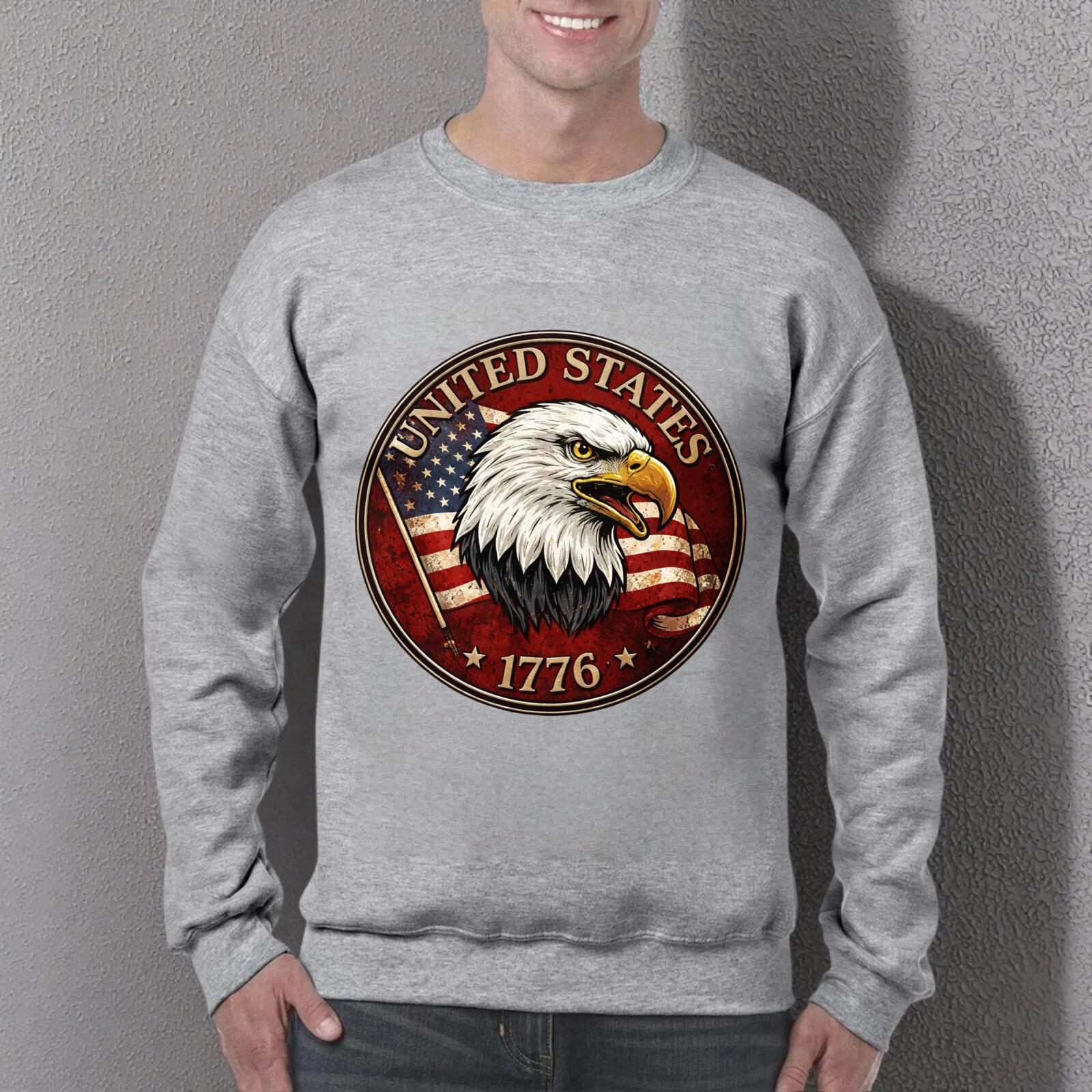 United States Eagle American Flag 1776 Sweatshirt Patriotic Crewneck Pullover Black