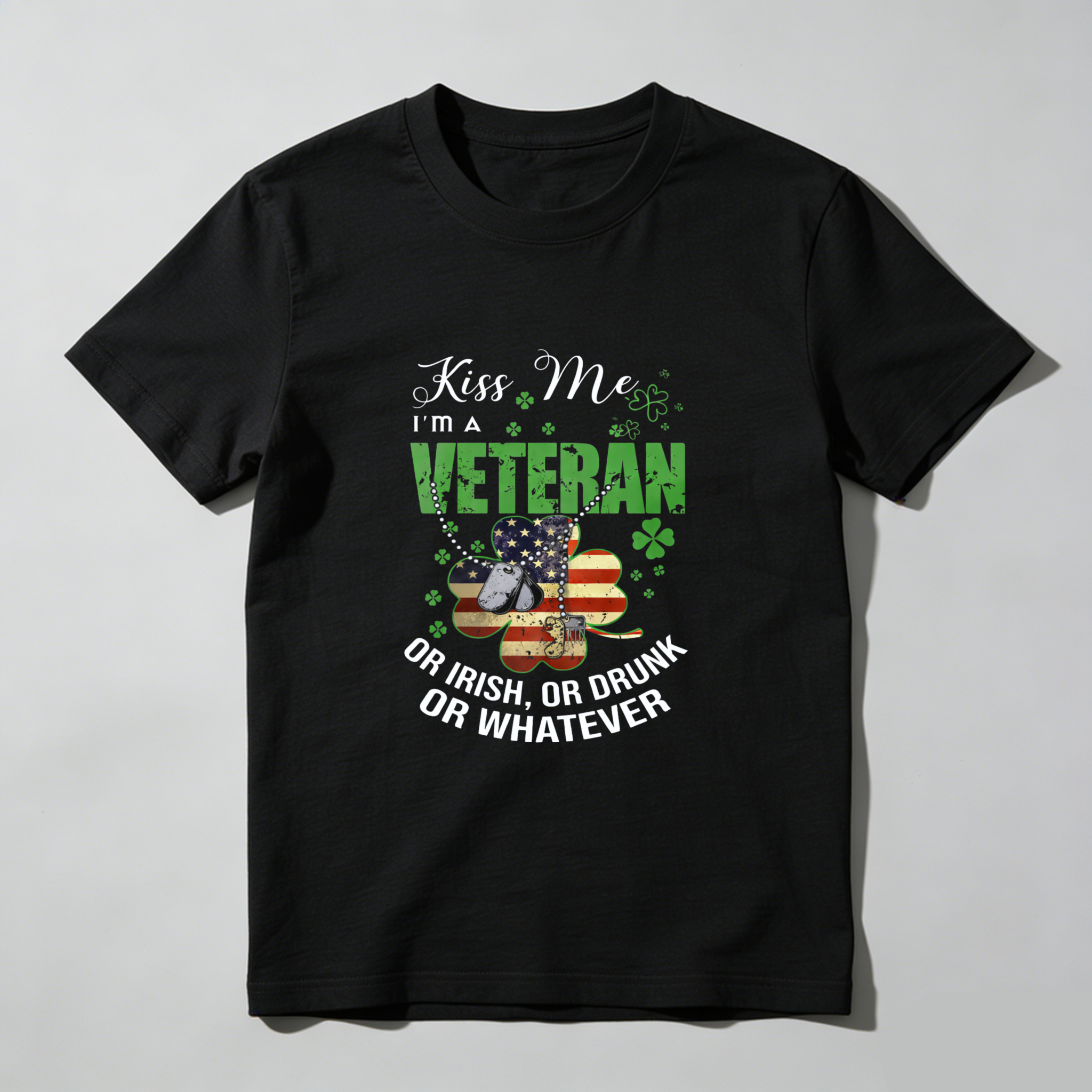TEECURENT Kiss Me Im A Veteran Or Irish Or Drunk Or Whatever St Patrick Day T Shirt For Men And Women Patriotic Military Shamrock Design Black T Shirt