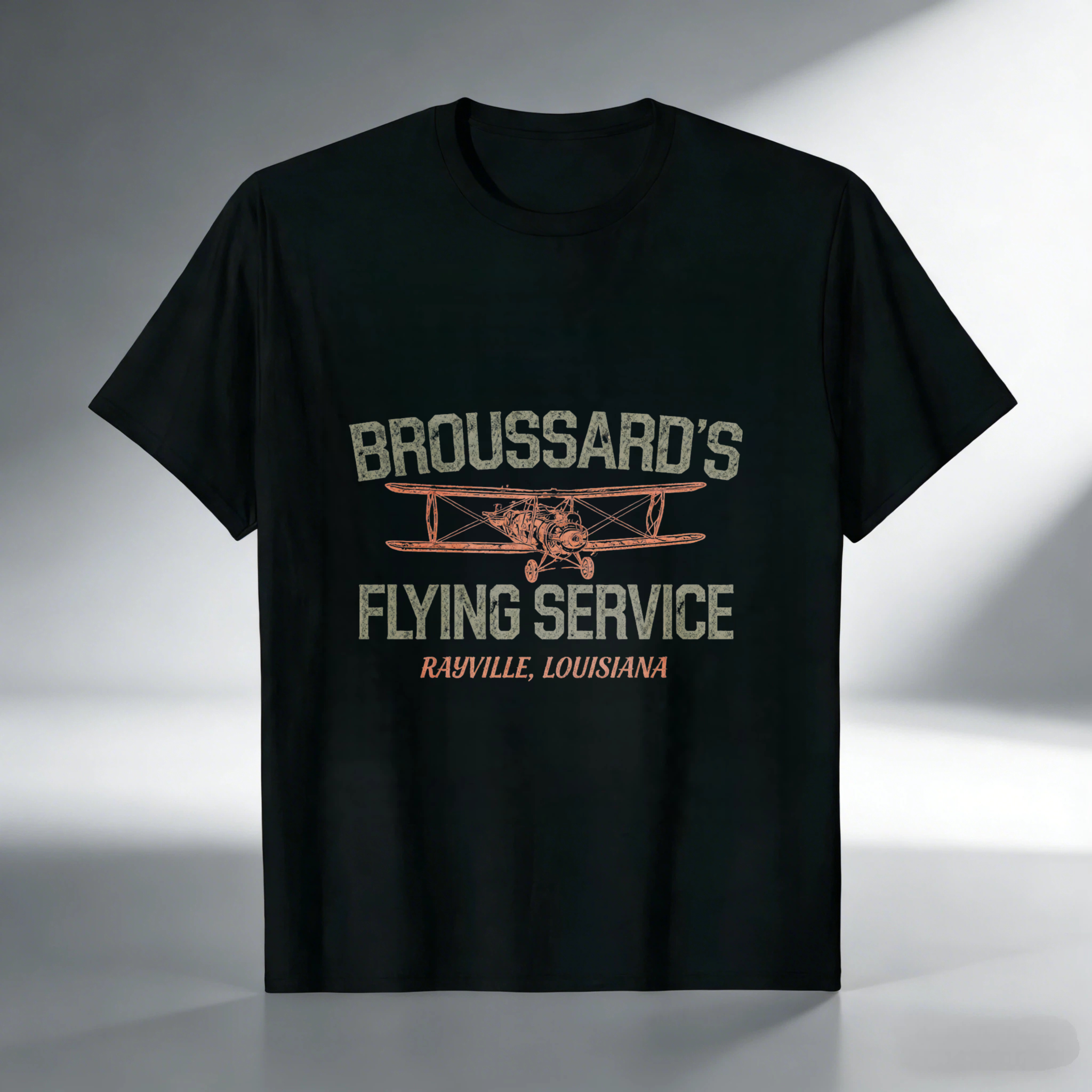 Broussards Flying Service T-Shirt Rastville Louisiana Vintage Airplane Design Men's Black Cotton Shirt