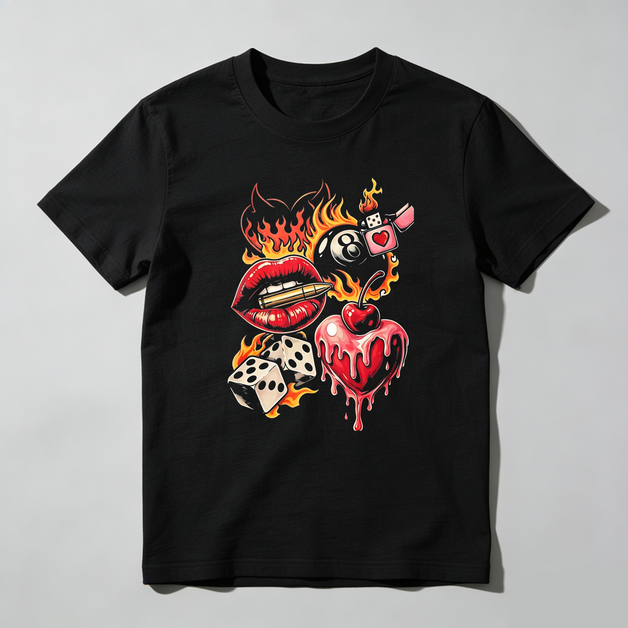 Flaming Lips Heart Dice And Eight Ball Tattoo Style T-shirt