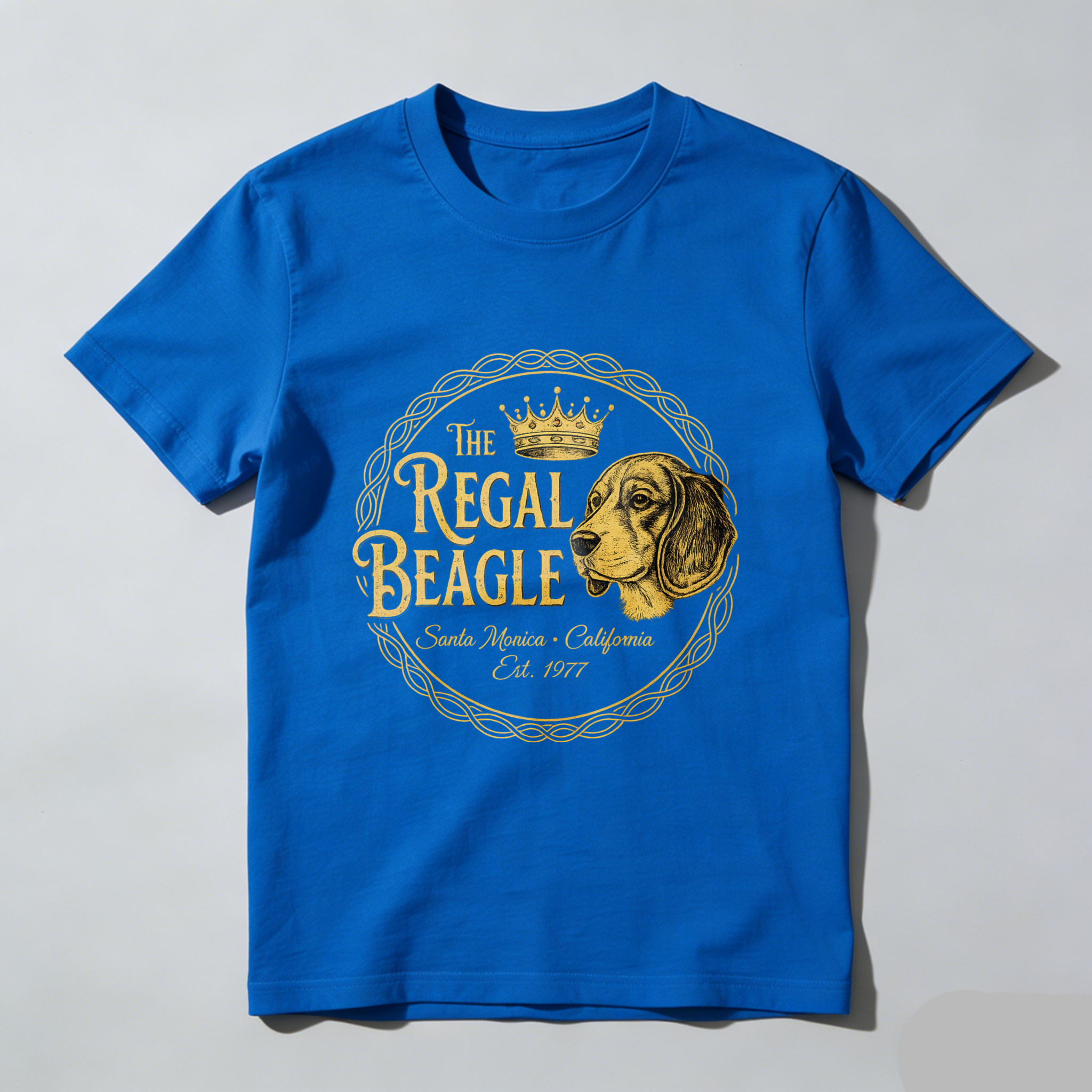 TEECURENT The Regal Beagle Dog T-Shirt Santa Monica California Established 1977 Vintage Canine Graphic Tee Black Gold Design