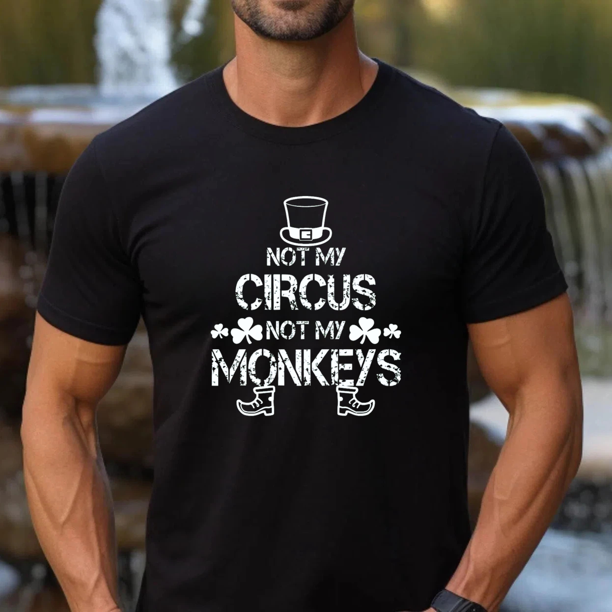 TEECURENT Not My Circus Not My Monkeys T-Shirt With Top Hat And Clover Design Black Cotton Shirt For Men Women Unisex Casual Wear Fun Statement Tee