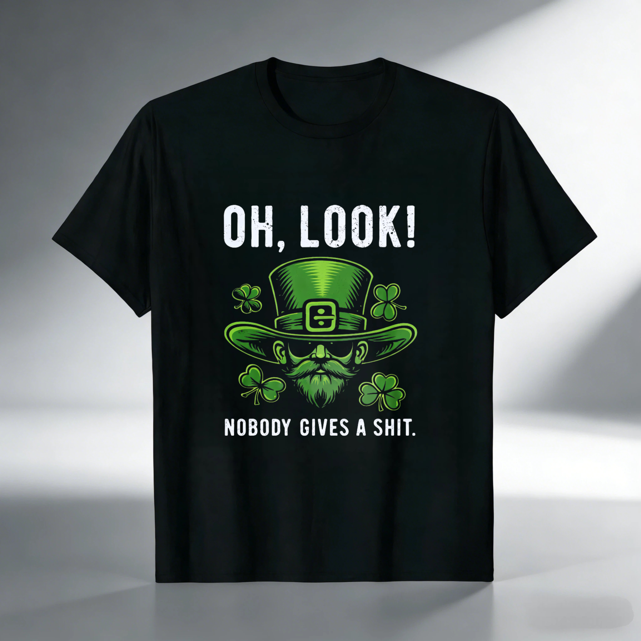 TEECURENT Oh Look Nobody Gives A Shit St Patrick's Day T-Shirt With Leprechaun Hat And Shamrocks Design For Men Women Funny Irish Holiday Shirt