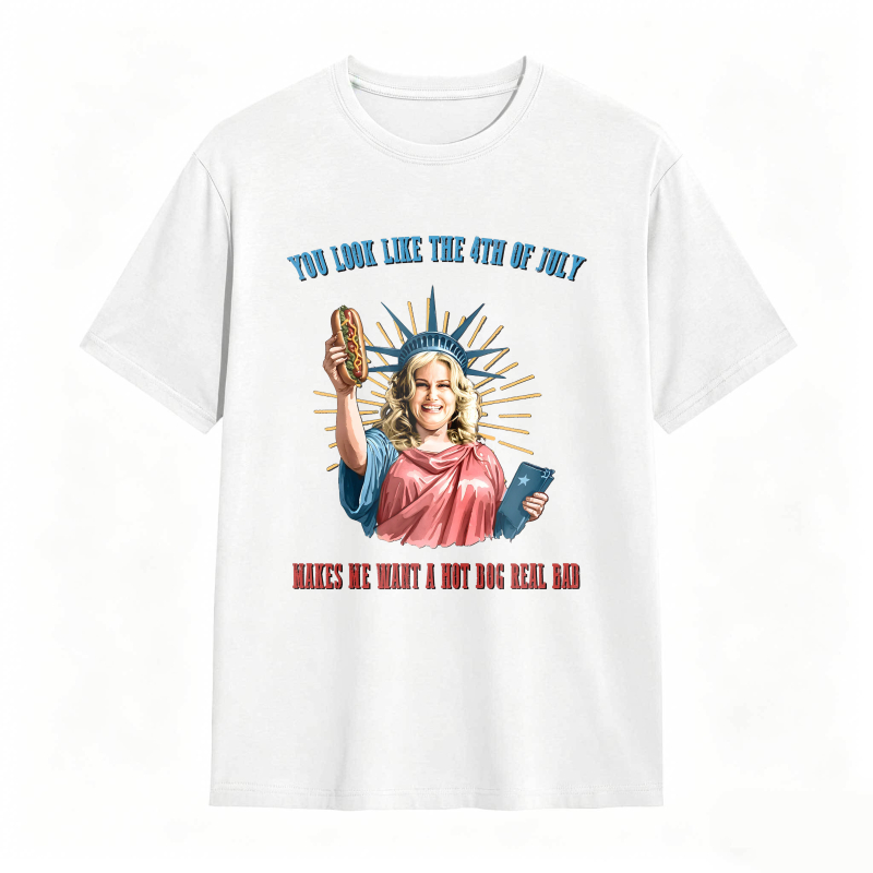 Statue Of Liberty Holding Hot Dog And Tablet With Fourth Of July Text T-shirt