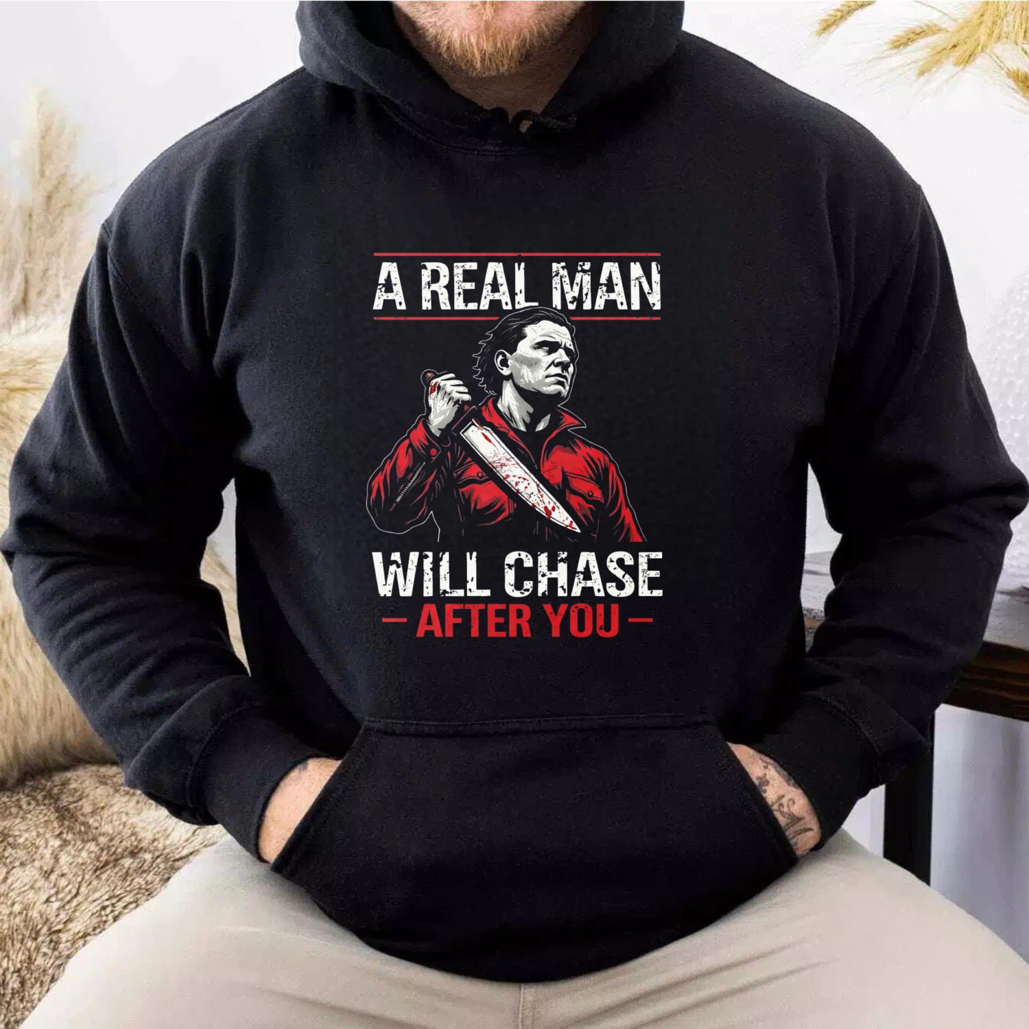 TEECURENT Gildan A Real Man Will Chase After You Halloween Horror Movie Character Hoodie Sweatshirt For Men Women Unisex Pullover Casual Top