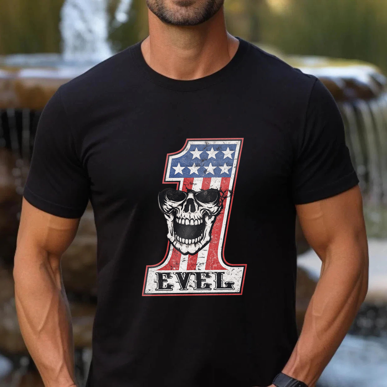 Level One American Flag Skull Design Black T-Shirt Made In Usa