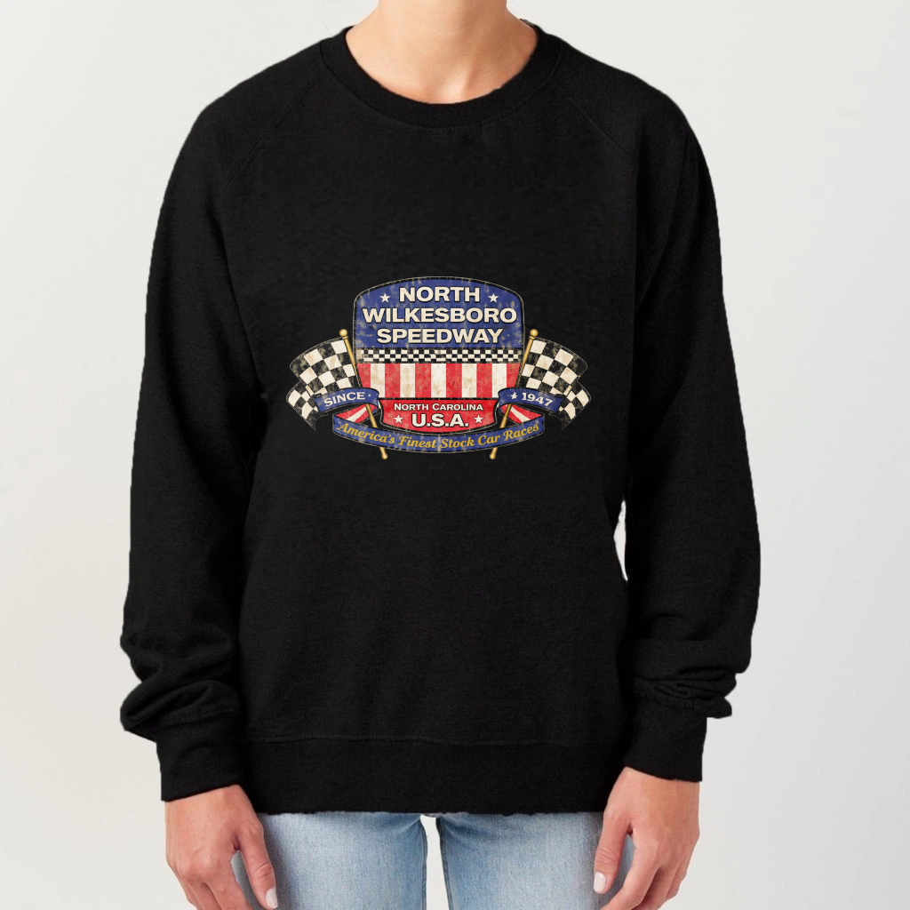 TEECURENT North Wilkesboro Speedway Usa Racing Sweatshirt Black Crewneck Long Sleeve Pullover Shirt