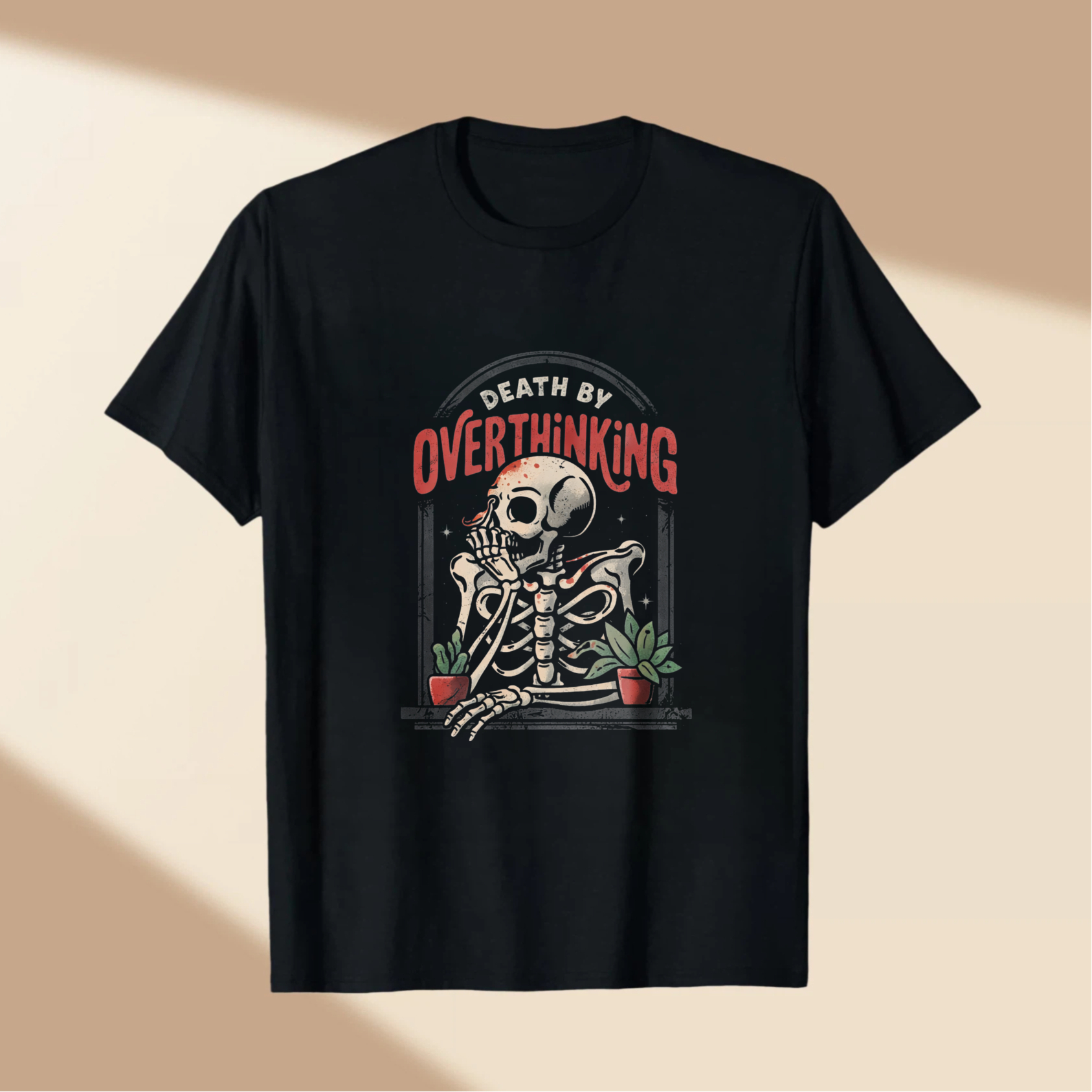 TEECURENT Death By Overthinking Skeleton T Shirt Funny Humor Anxiety Stress Relief Graphic Tee Men Women Unisex Casual Wear WOMEN