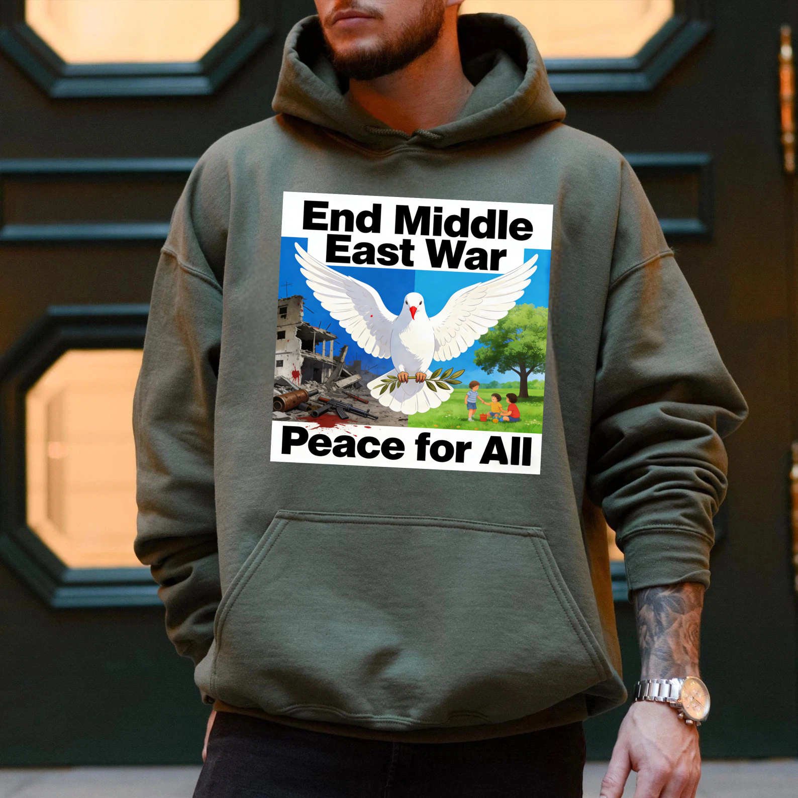 TEECURENT End Middle East War Peace For All Hoodie With Dove And Olive Branch Graphic Design For Peace Advocacy And Awareness