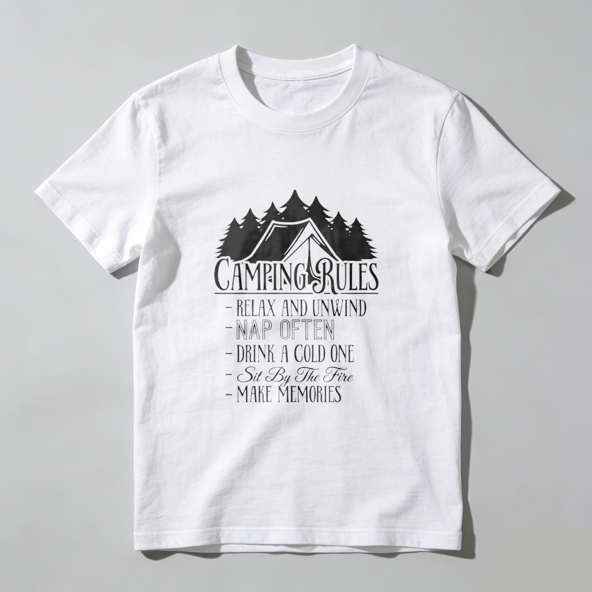 TEECURENT Camping Rules T Shirt Relax And Unwind Nap Often Drink A Cold One Sit By The Fire Make Memories Outdoor Adventure Tee WOMEN