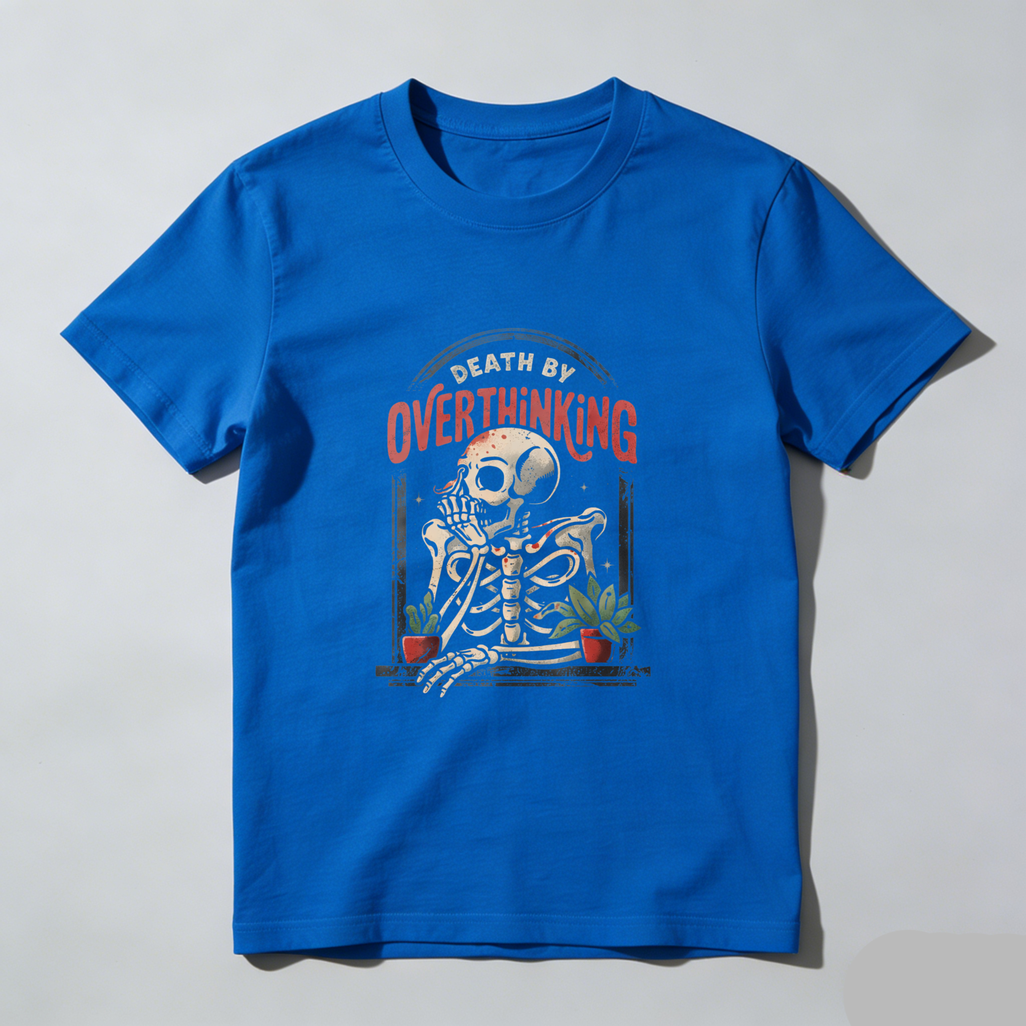 TEECURENT Death By Overthinking Skeleton T Shirt Funny Humor Anxiety Stress Relief Graphic Tee Men Women Unisex Casual Wear WOMEN