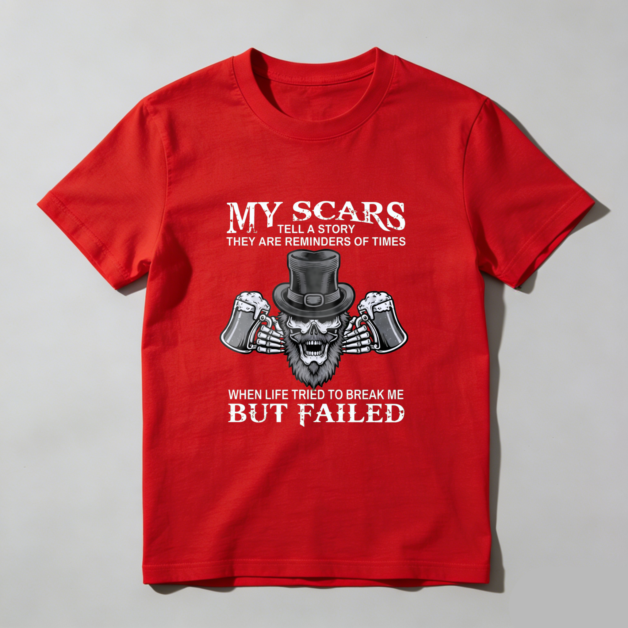 TEECURENT My Scars Tell A Story They Are Reminders Of Times When Life Tried To Break Me But Failed T Shirt With Skull And Beer Design
