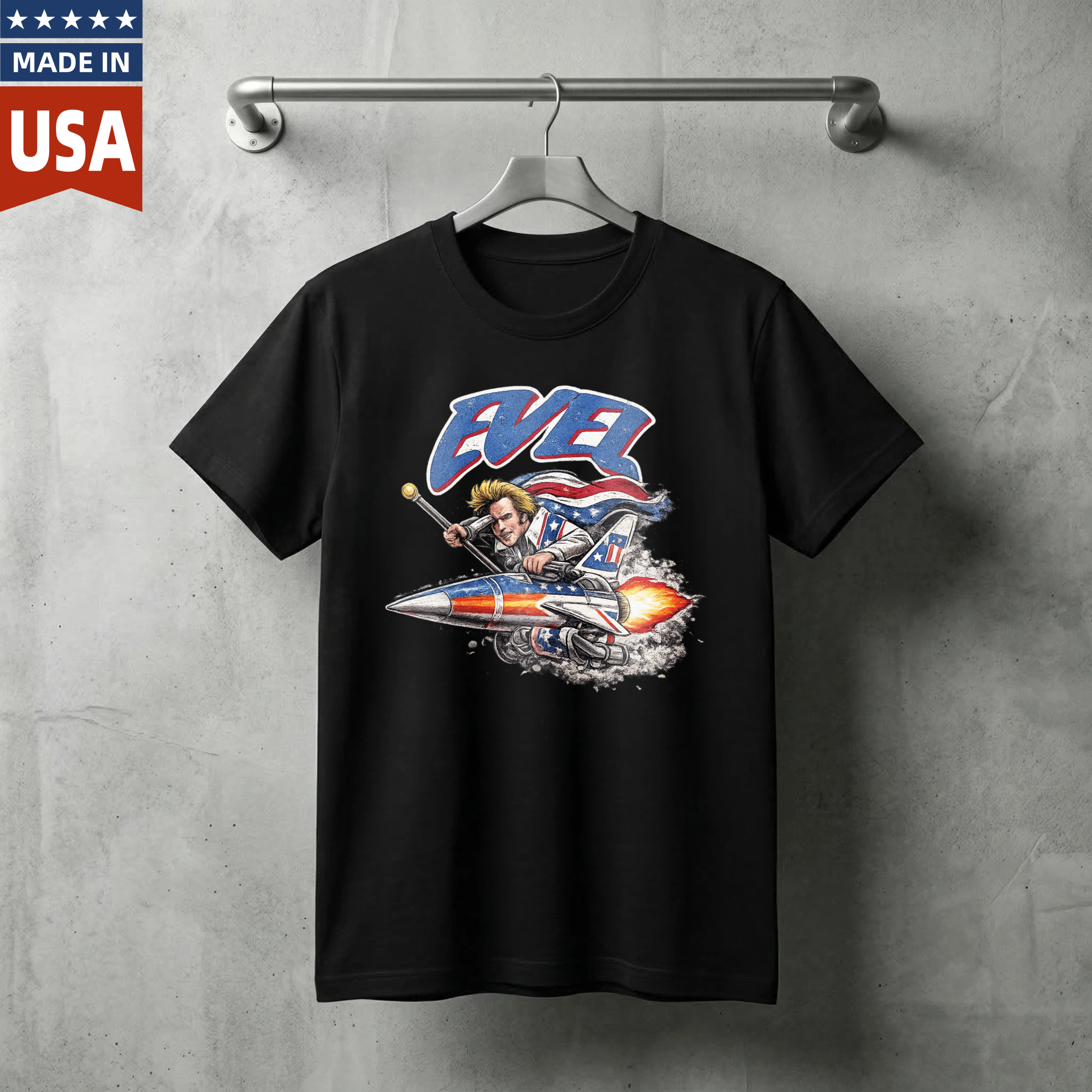Ever Rock Star Guitar Player Riding Rocket Ship T-Shirt Made In Usa