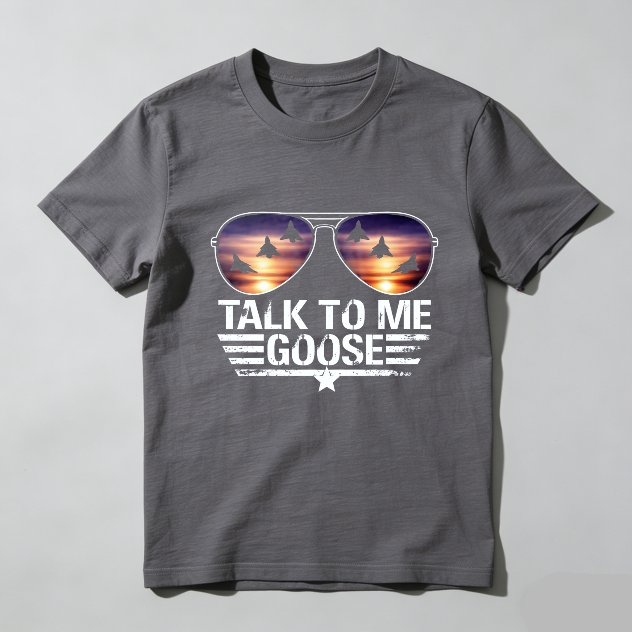 TEECURENTTalk To Me Goose Aviator Sunglasses T-Shirt With Fighter Jets Sunset Design Black Men Women Top-TeeCurent