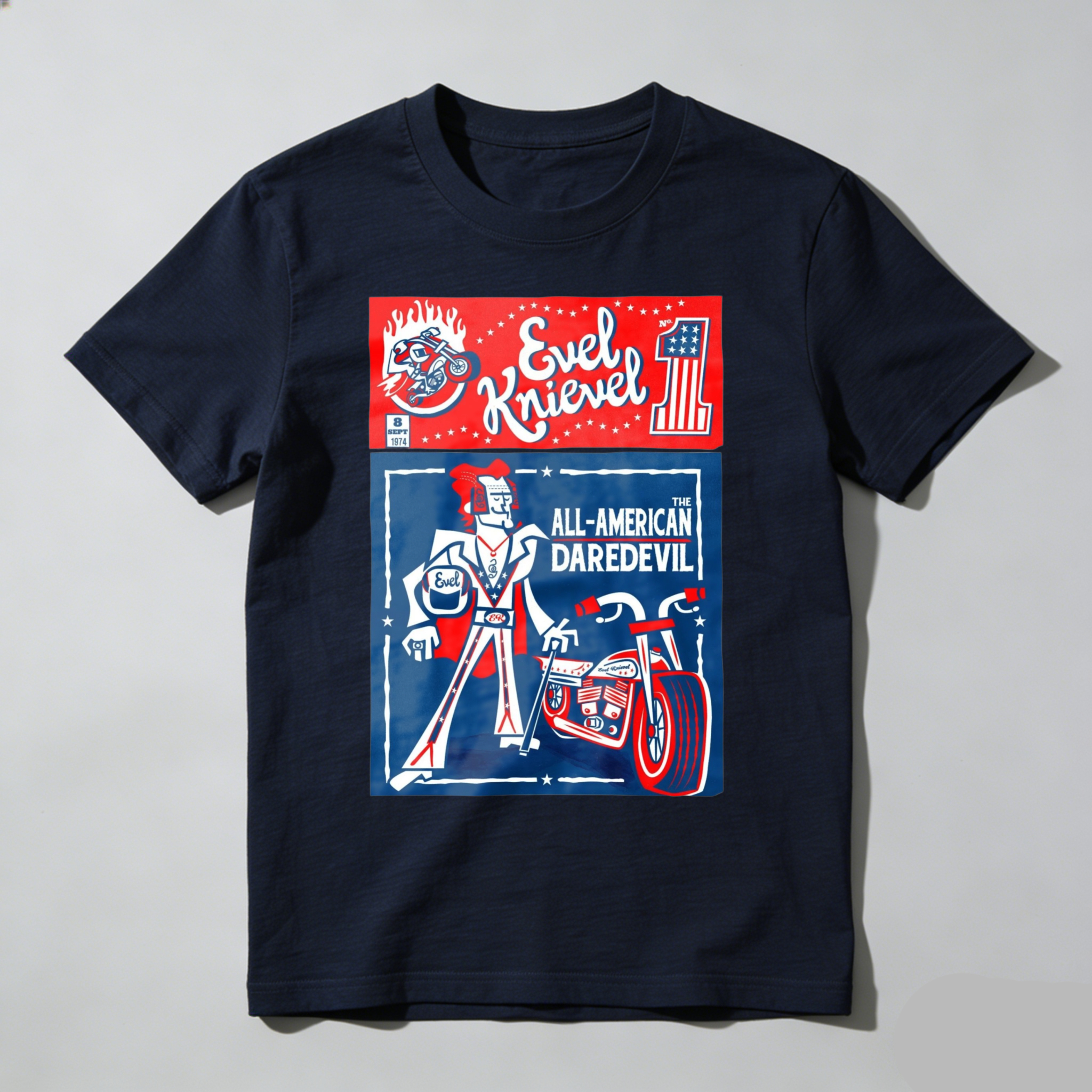 All American Daredevil Vintage Style Graphic T-Shirt Casual Top Retro Motorcycle Stunt Rider Design Cotton T-Shirt