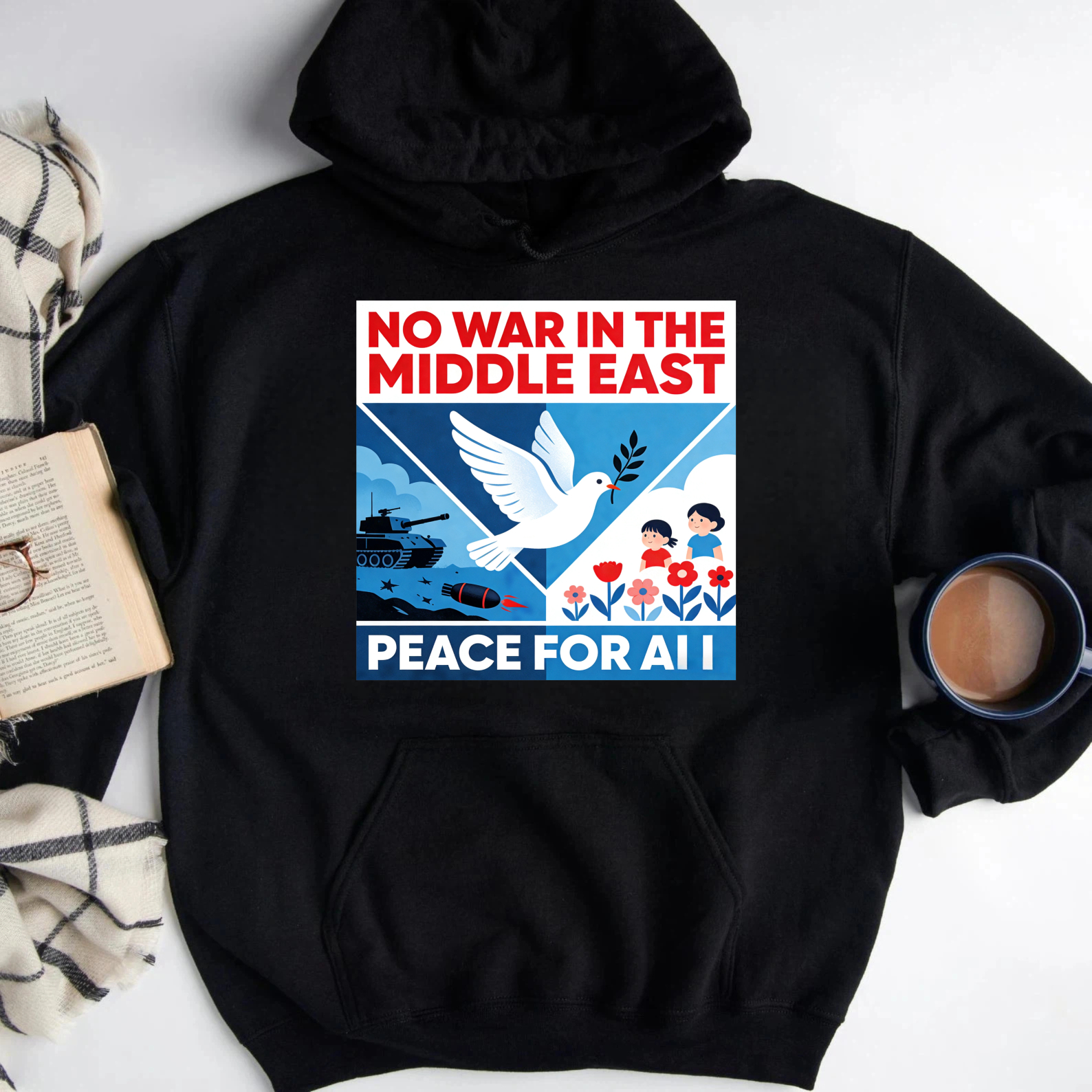 TEECURENT No War In The Middle East Peace For All Hoodie Black Sweatshirt With Graphic Design And Message For Peace Awareness And Social Statement