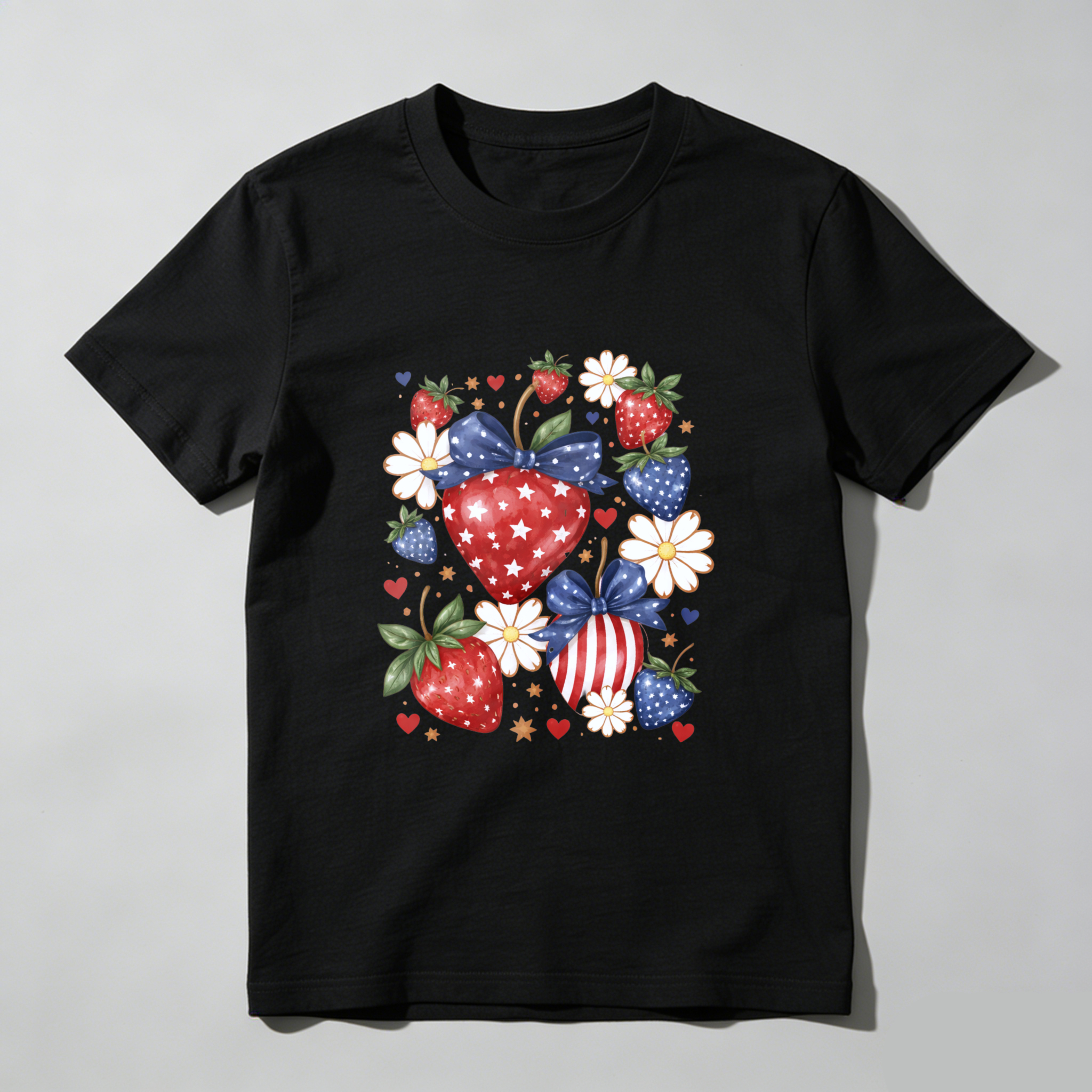 TEECURENT Patriotic Strawberry Heart Design American Flag Theme T Shirt Independence Day Celebration Apparel Red White Blue Stars And Stripes Fruit Pattern Casual Wear For Men Women Unisex Fashion Top WOMEN