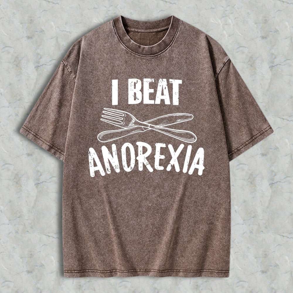 I Beat Anorexia Novelty Graphic  Washed T-shirt