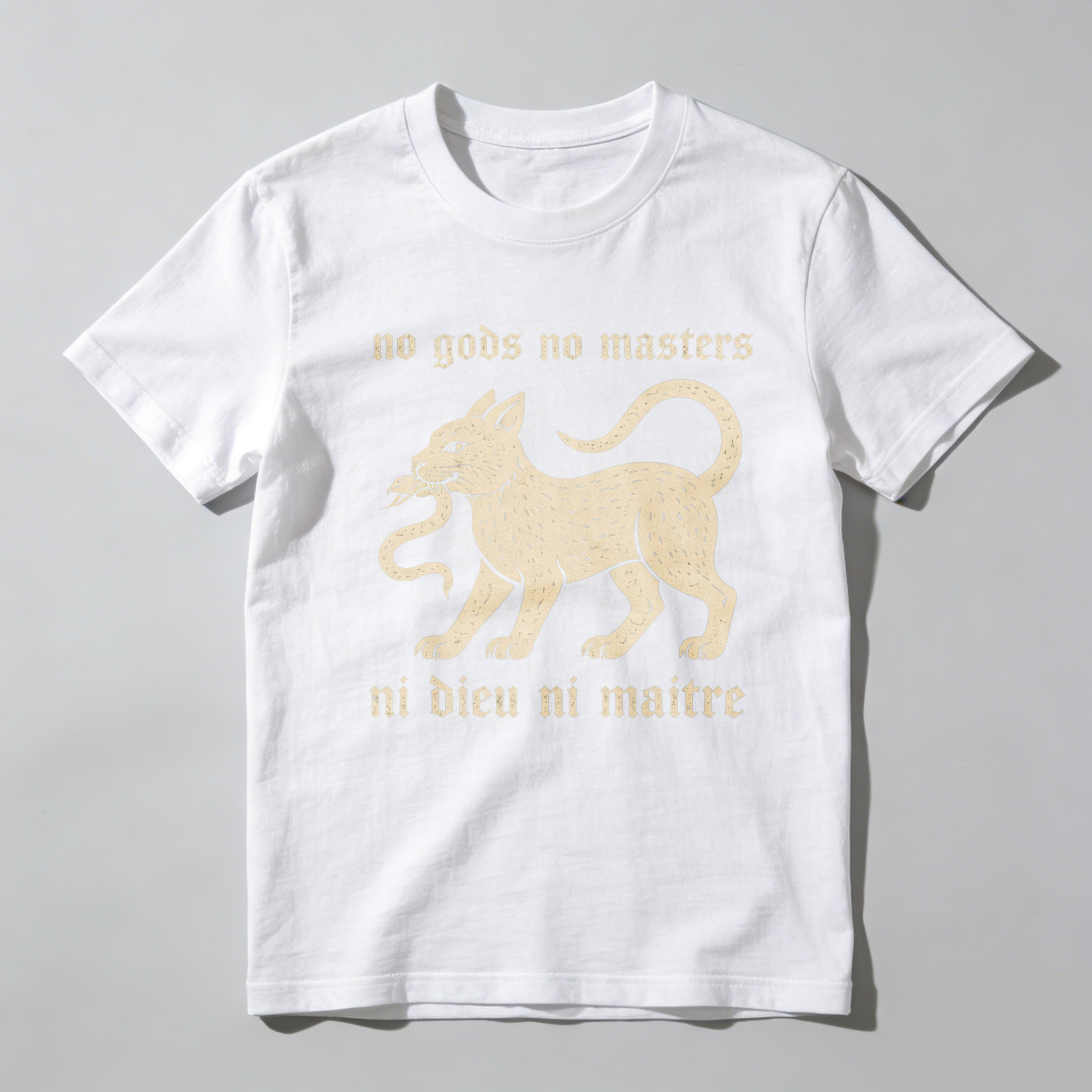 TEECURENTNo Gods No Masters Cat And Snake T Shirt Ni Dieu Ni Maitre Anarchist Statement Black Cotton Tee-TeeCurent