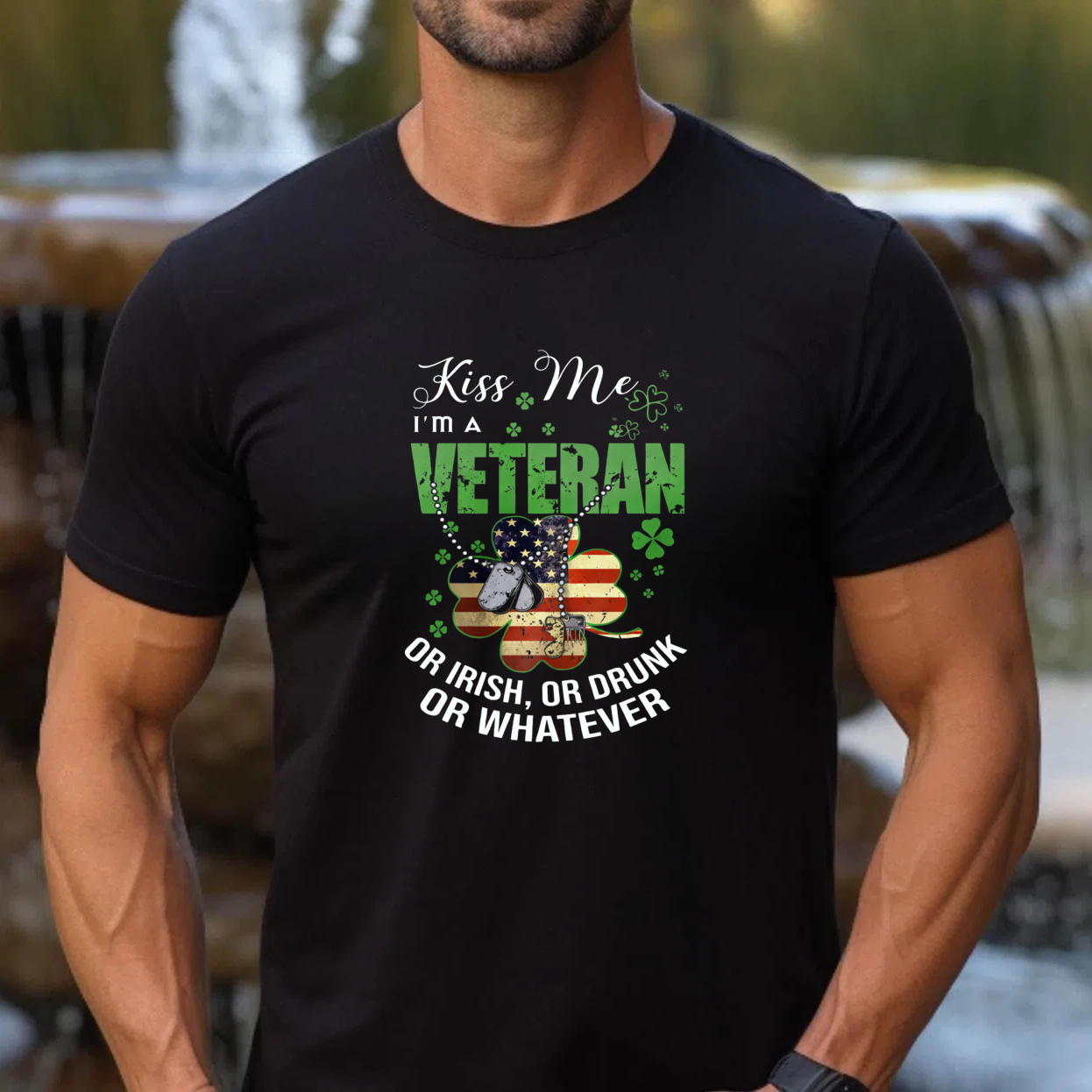 TEECURENT Kiss Me Im A Veteran Or Irish Or Drunk Or Whatever St Patrick Day T Shirt For Men And Women Patriotic Military Shamrock Design Black T Shirt