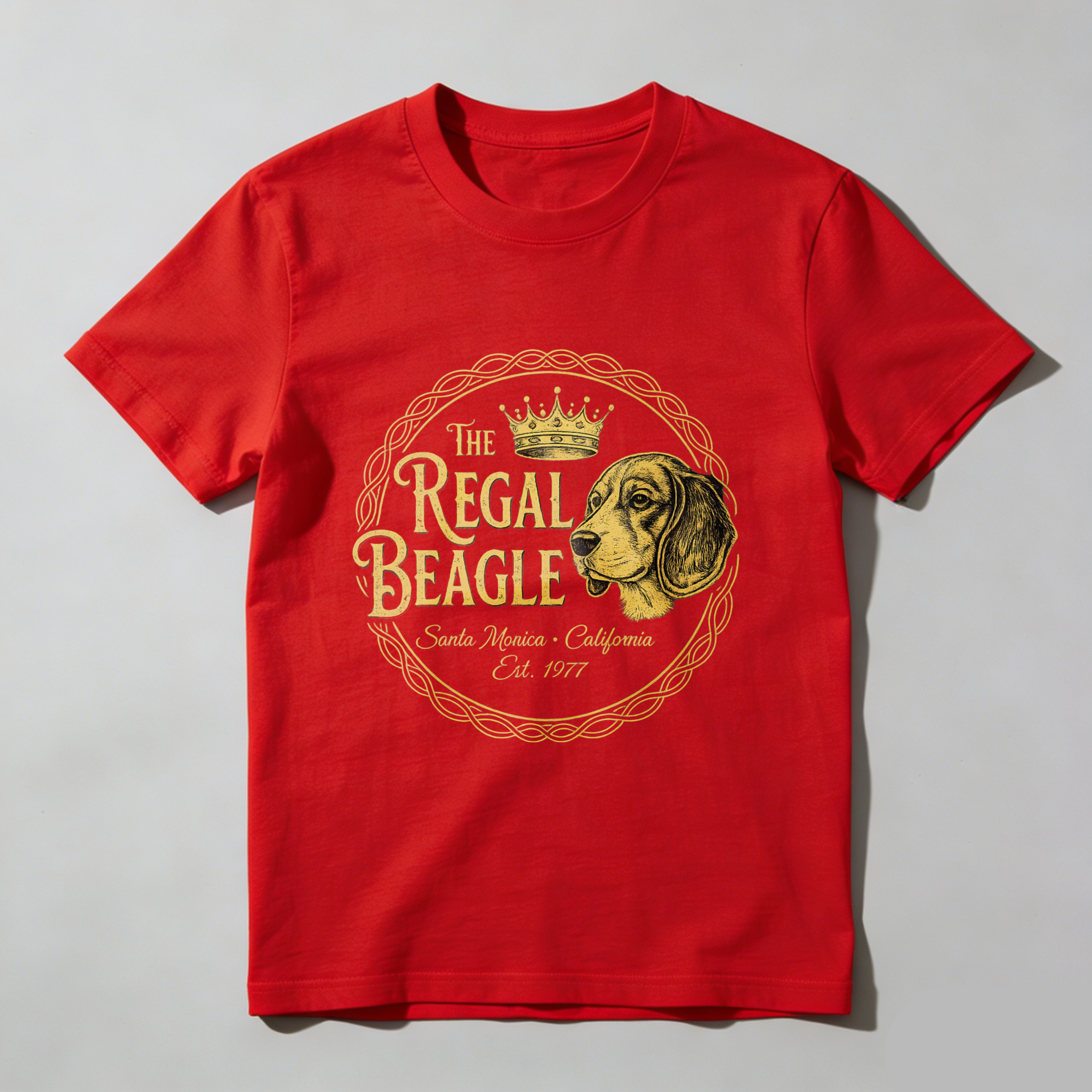 TEECURENT The Regal Beagle Dog T-Shirt Santa Monica California Established 1977 Vintage Canine Graphic Tee Black Gold Design