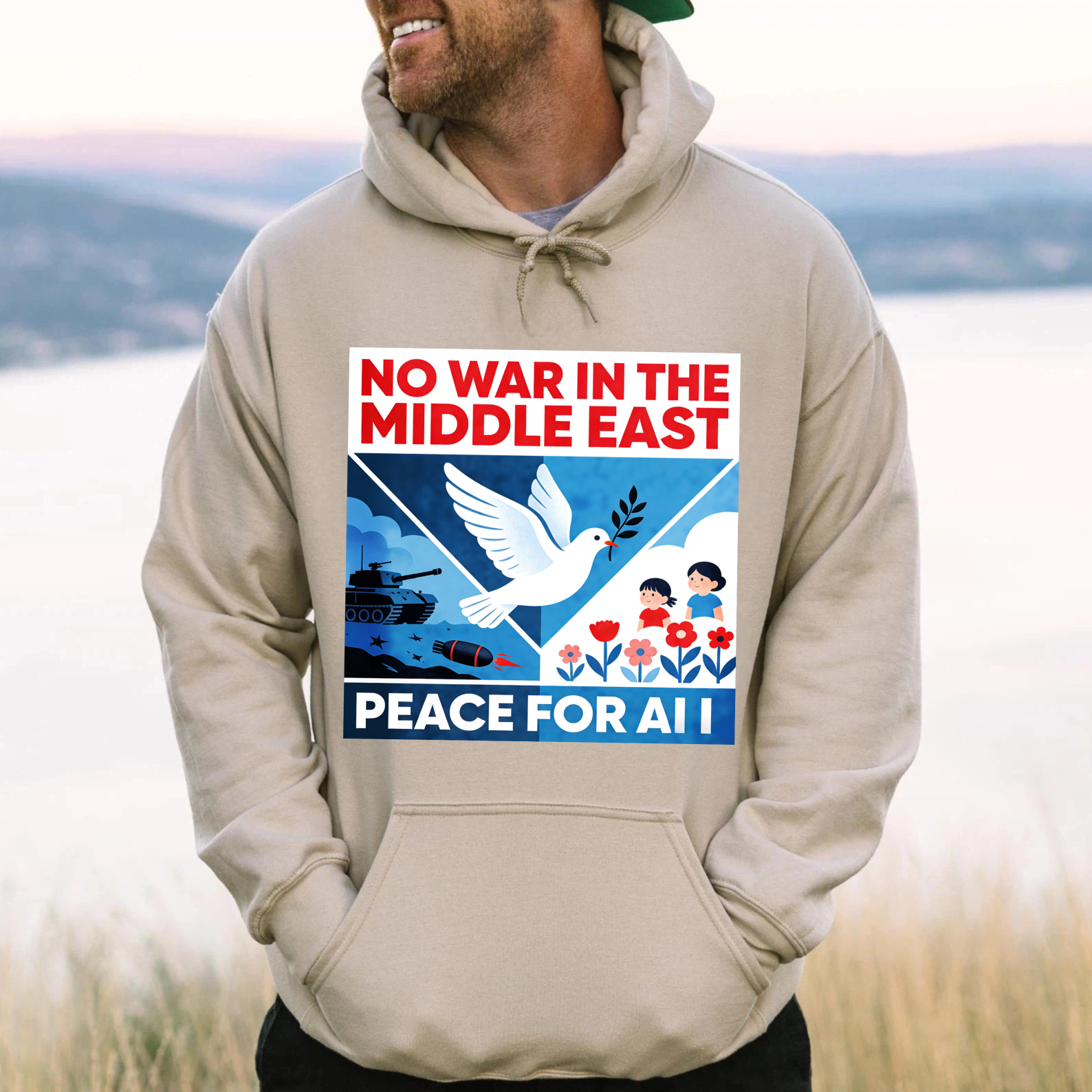 TEECURENT No War In The Middle East Peace For All Hoodie Black Sweatshirt With Graphic Design And Message For Peace Awareness And Social Statement