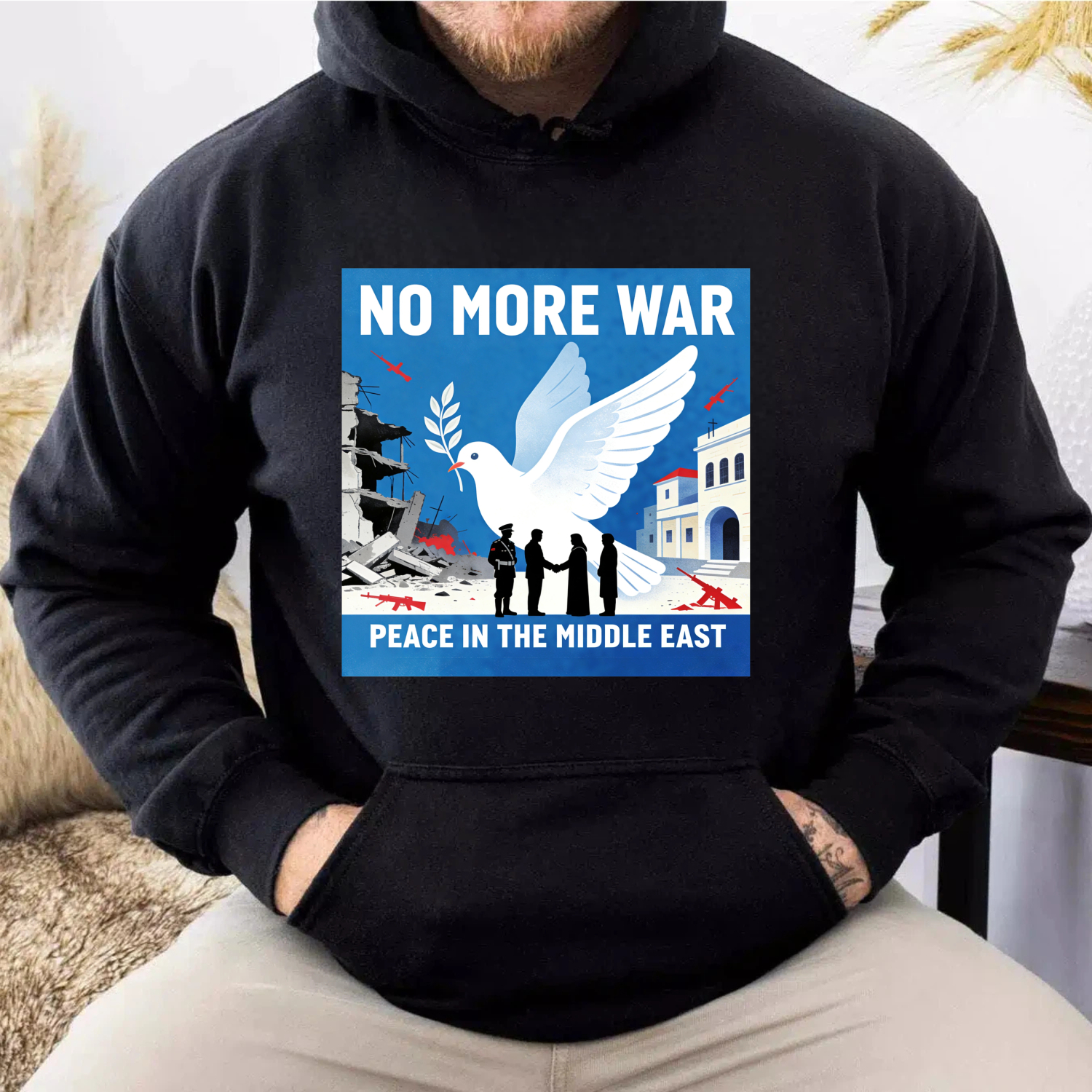 TEECURENT No More War Peace In The Middle East Hoodie With Dove And Olive Branch Design For Peace Advocates