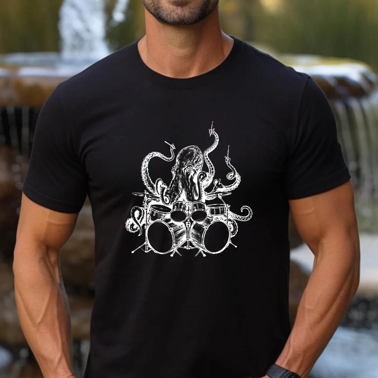 Octopus Drummer Music Band T Shirt Rock And Roll Punk Art Design Black Cotton Tee For Men Women Unisex Apparel Gift