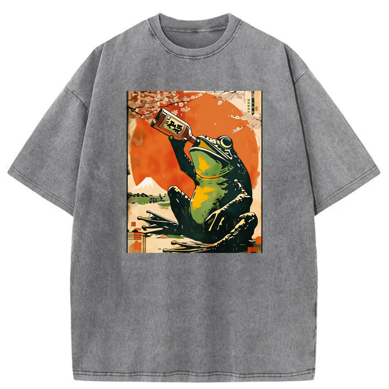 Frog Drinking Sake Under Cherry Blossoms tshirt 100% cotton