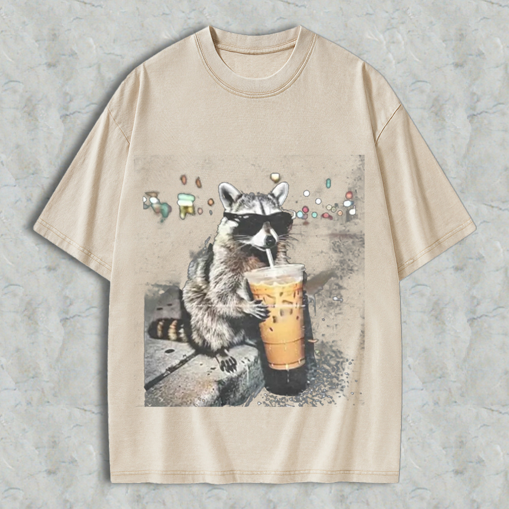 Funny Raccoon Drinking Iced Coffee Washed Shirt 
