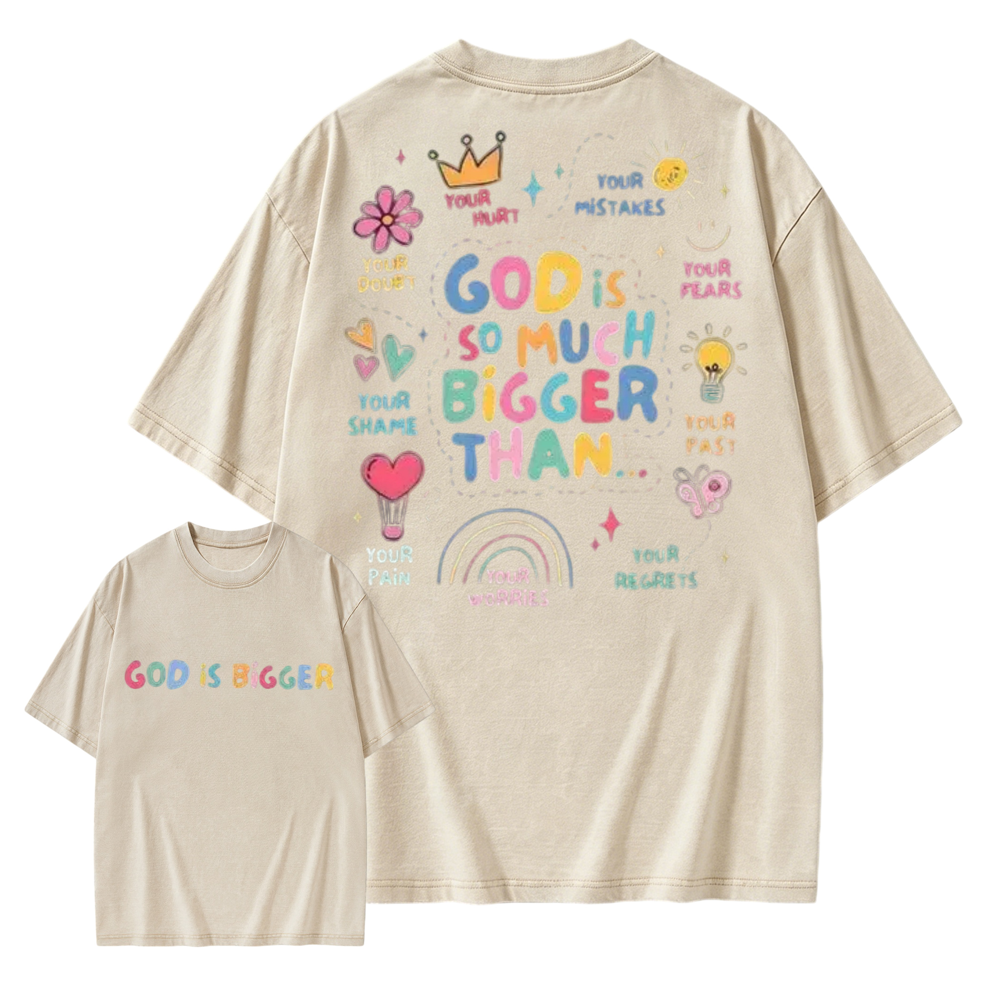 God Is Bigger Christian Graphic T Shirt Vintage Washed Heavyweight Cotton Oversized Tee Faith Based Apparel Mental Health Awareness Positive Affirmation Acid Wash Men Women Unisex