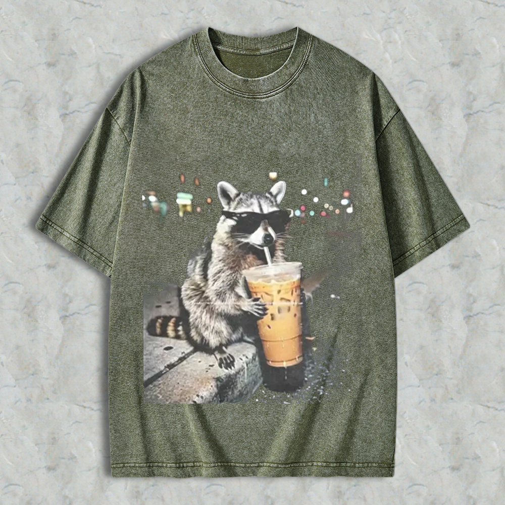 Funny Raccoon Drinking Iced Coffee Washed Shirt 