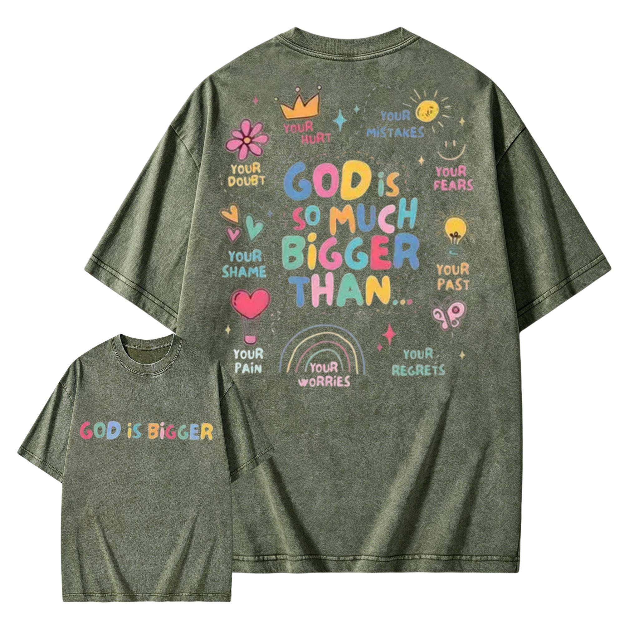 God Is Bigger Christian Graphic T Shirt Vintage Washed Heavyweight Cotton Oversized Tee Faith Based Apparel Mental Health Awareness Positive Affirmation Acid Wash Men Women Unisex