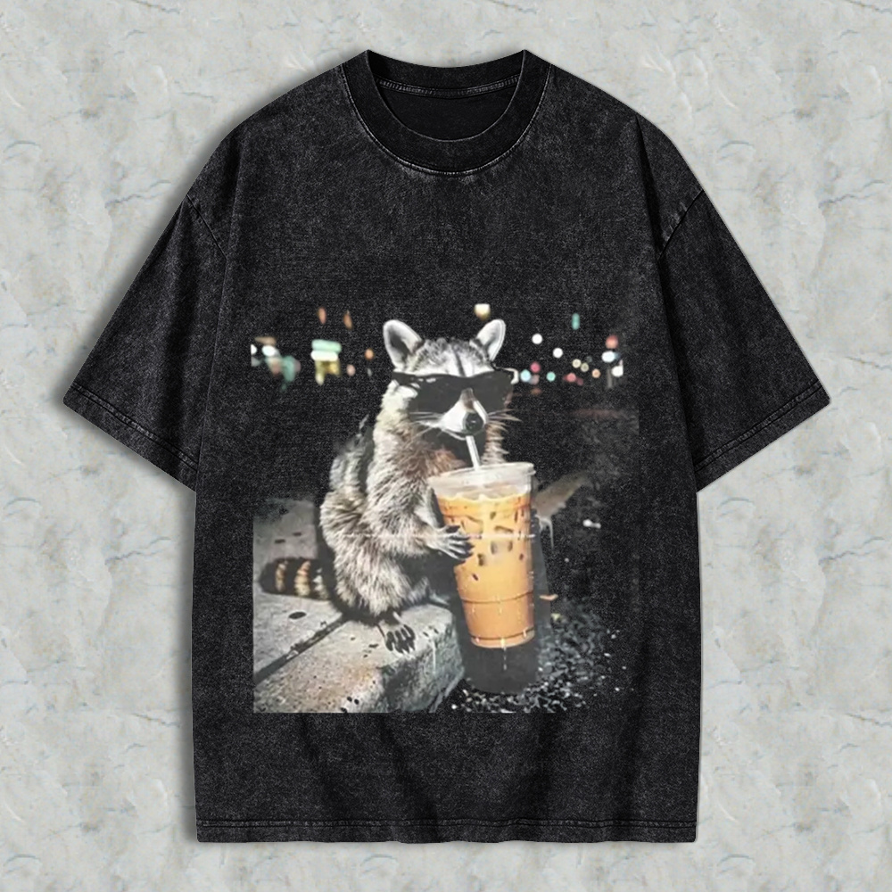 Funny Raccoon Drinking Iced Coffee Washed Shirt 