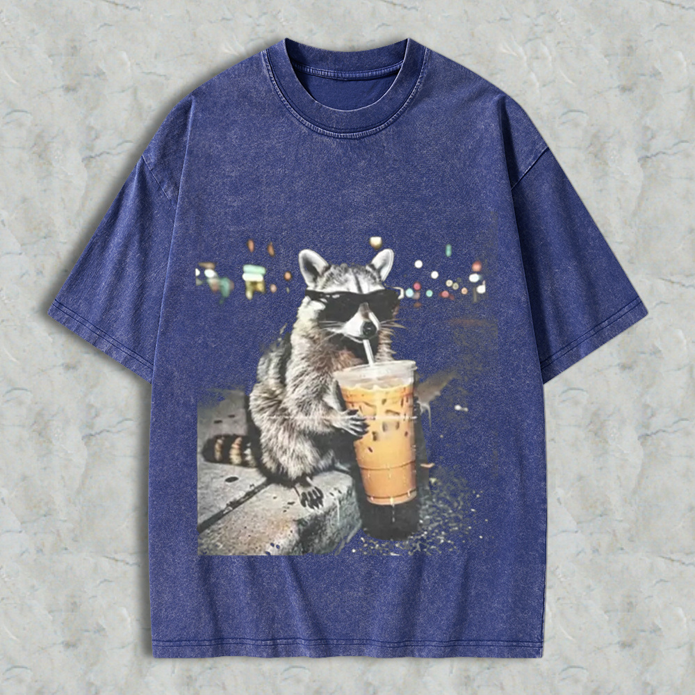 Funny Raccoon Drinking Iced Coffee Washed Shirt 