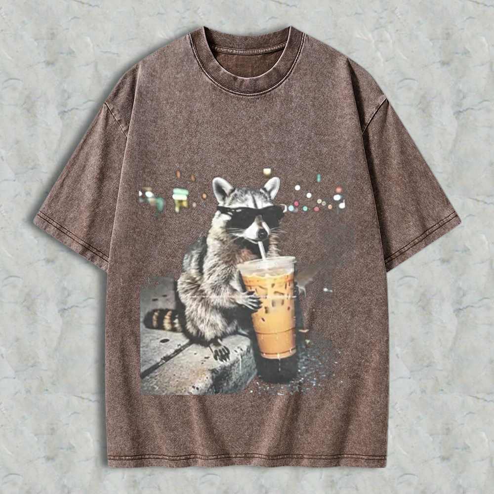 Funny Raccoon Drinking Iced Coffee Washed Shirt 