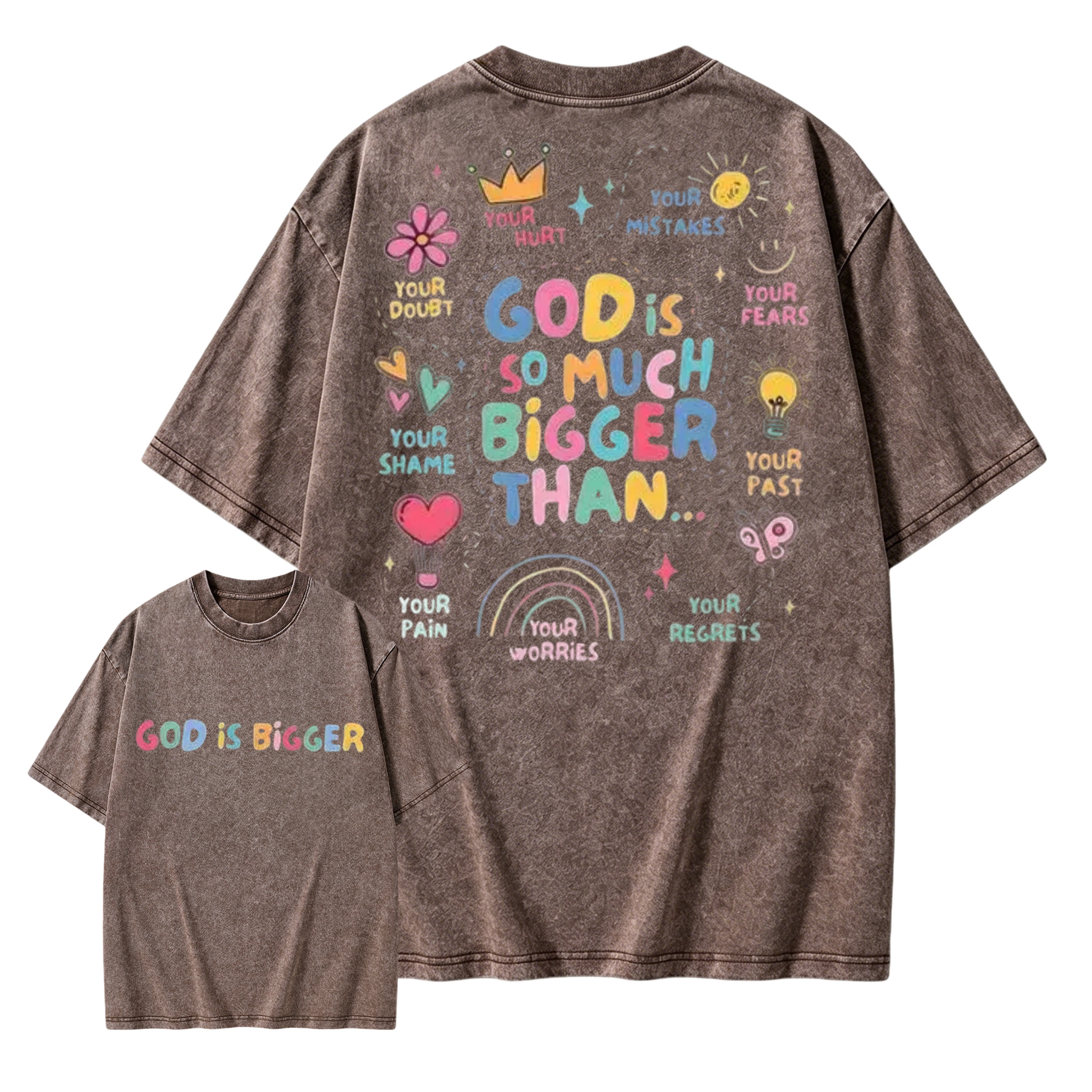 God Is Bigger Christian Graphic T Shirt Vintage Washed Heavyweight Cotton Oversized Tee Faith Based Apparel Mental Health Awareness Positive Affirmation Acid Wash Men Women Unisex